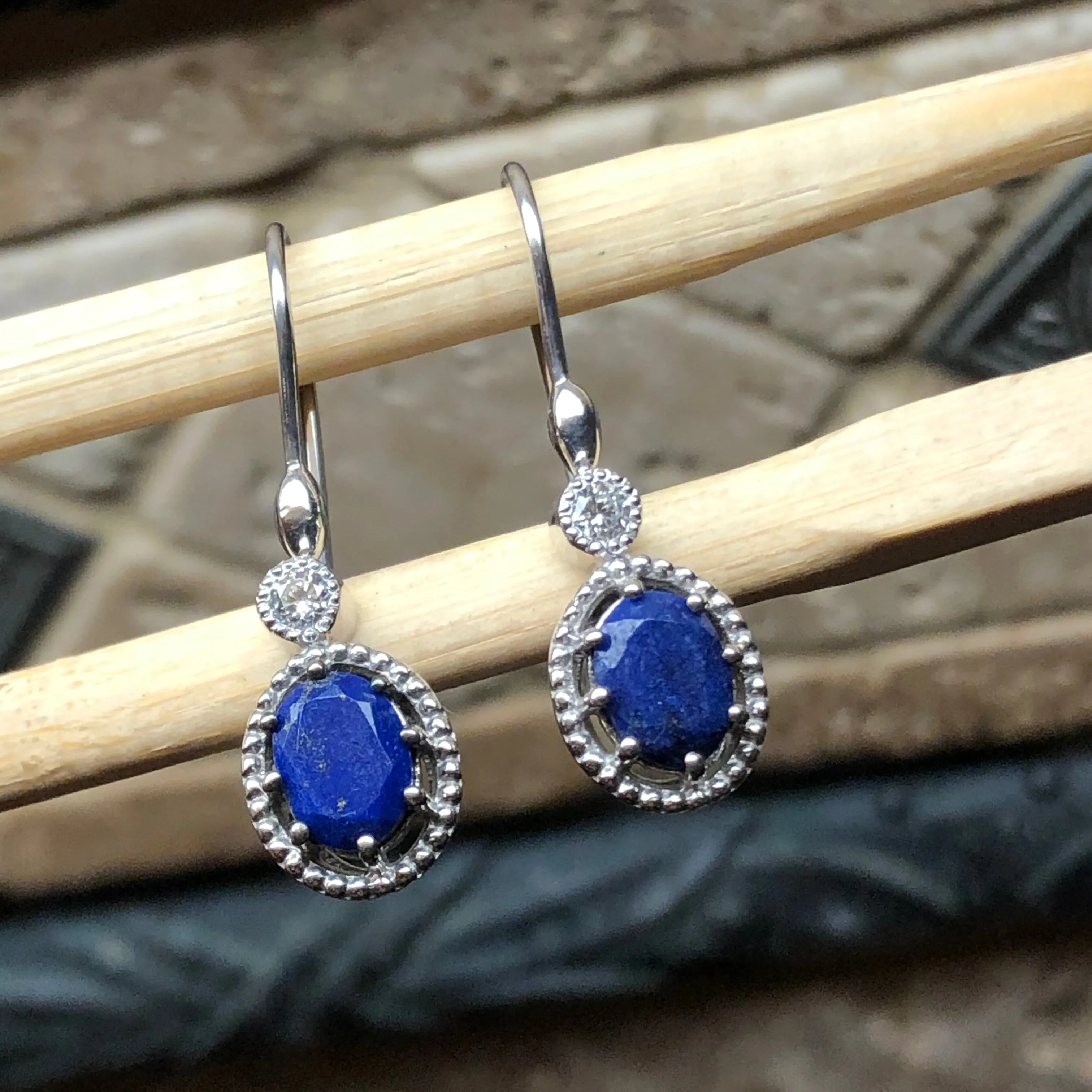 Genuine Blue Lapis Lazuli 925 Solid Sterling Silver Earrings 30mm