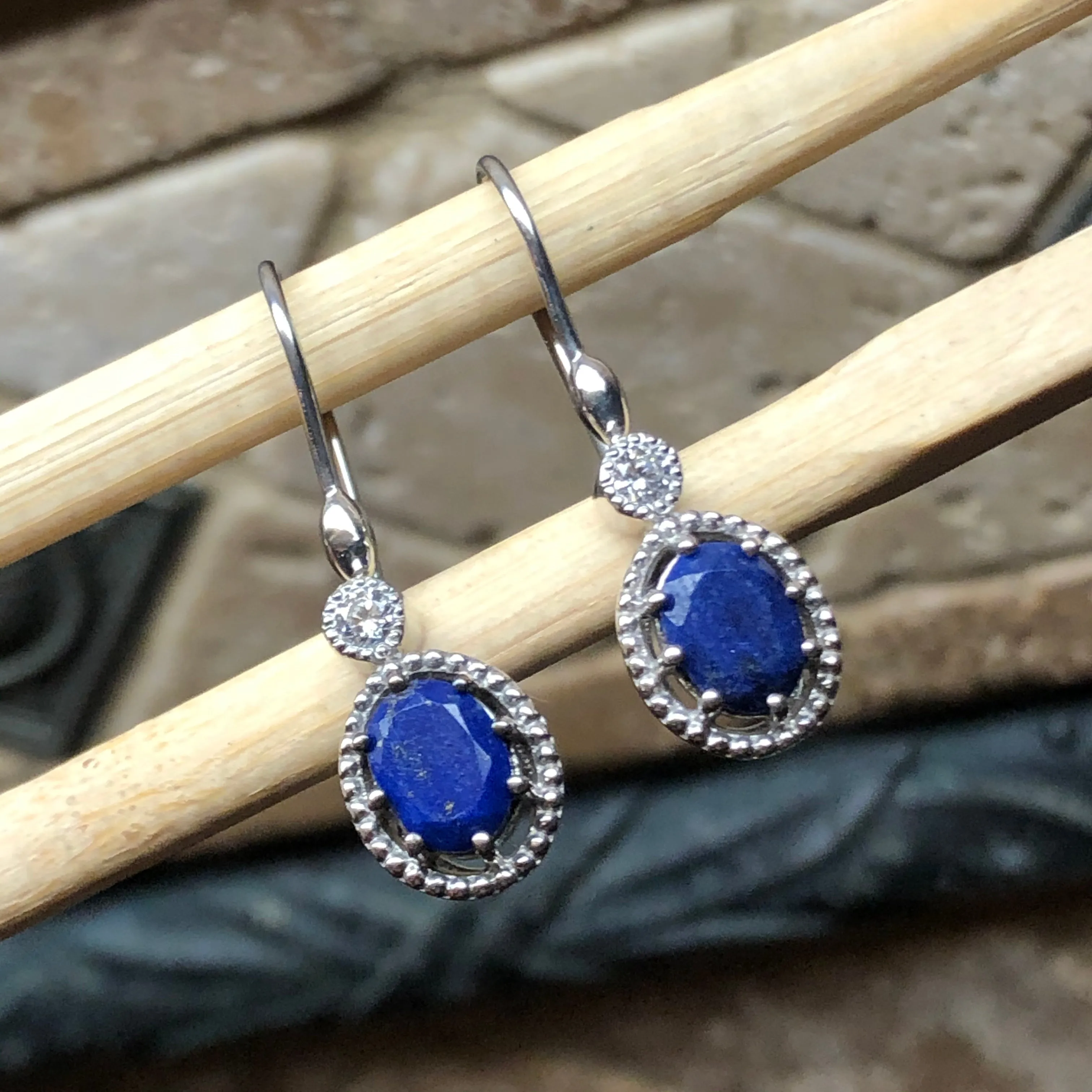 Genuine Blue Lapis Lazuli 925 Solid Sterling Silver Earrings 30mm