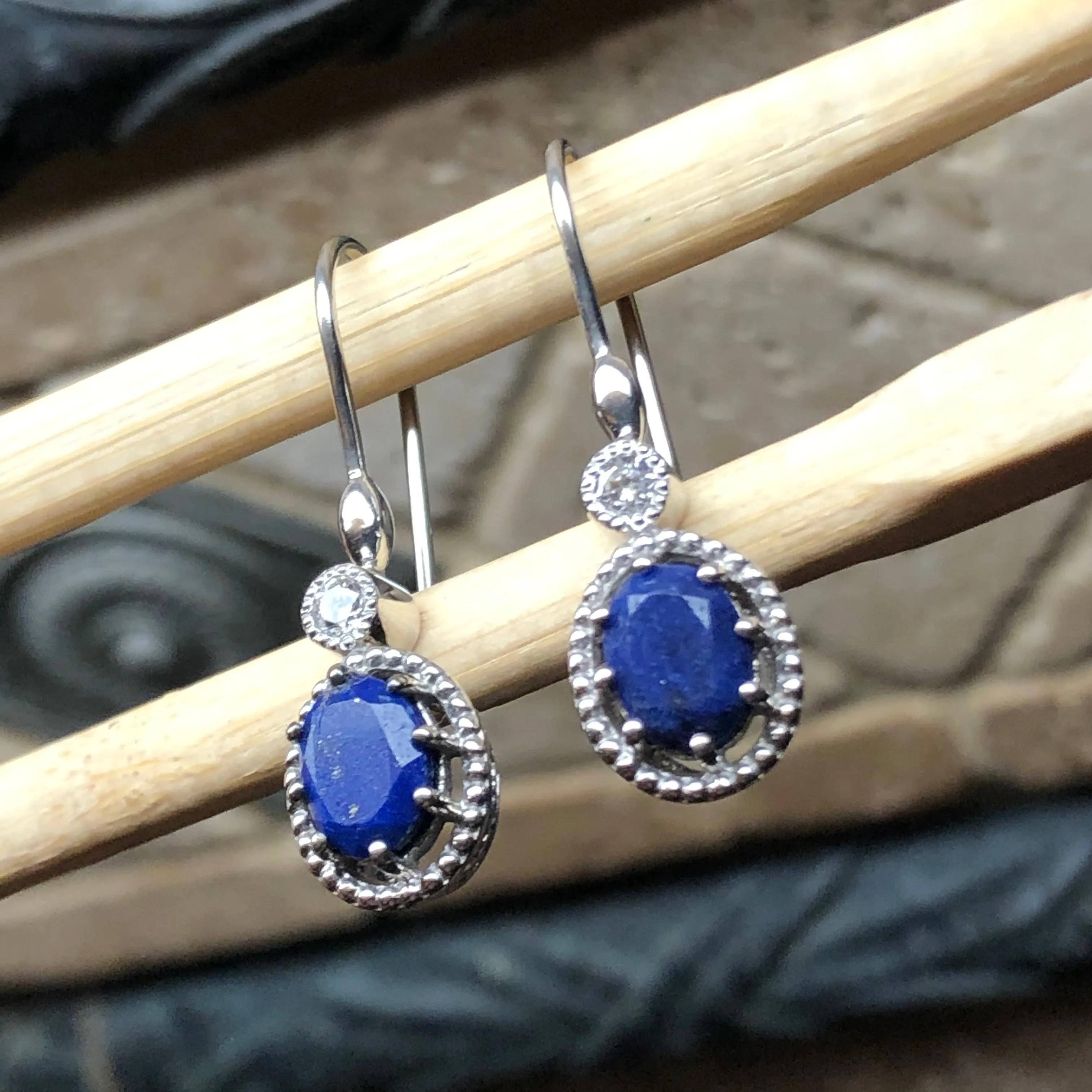 Genuine Blue Lapis Lazuli 925 Solid Sterling Silver Earrings 30mm