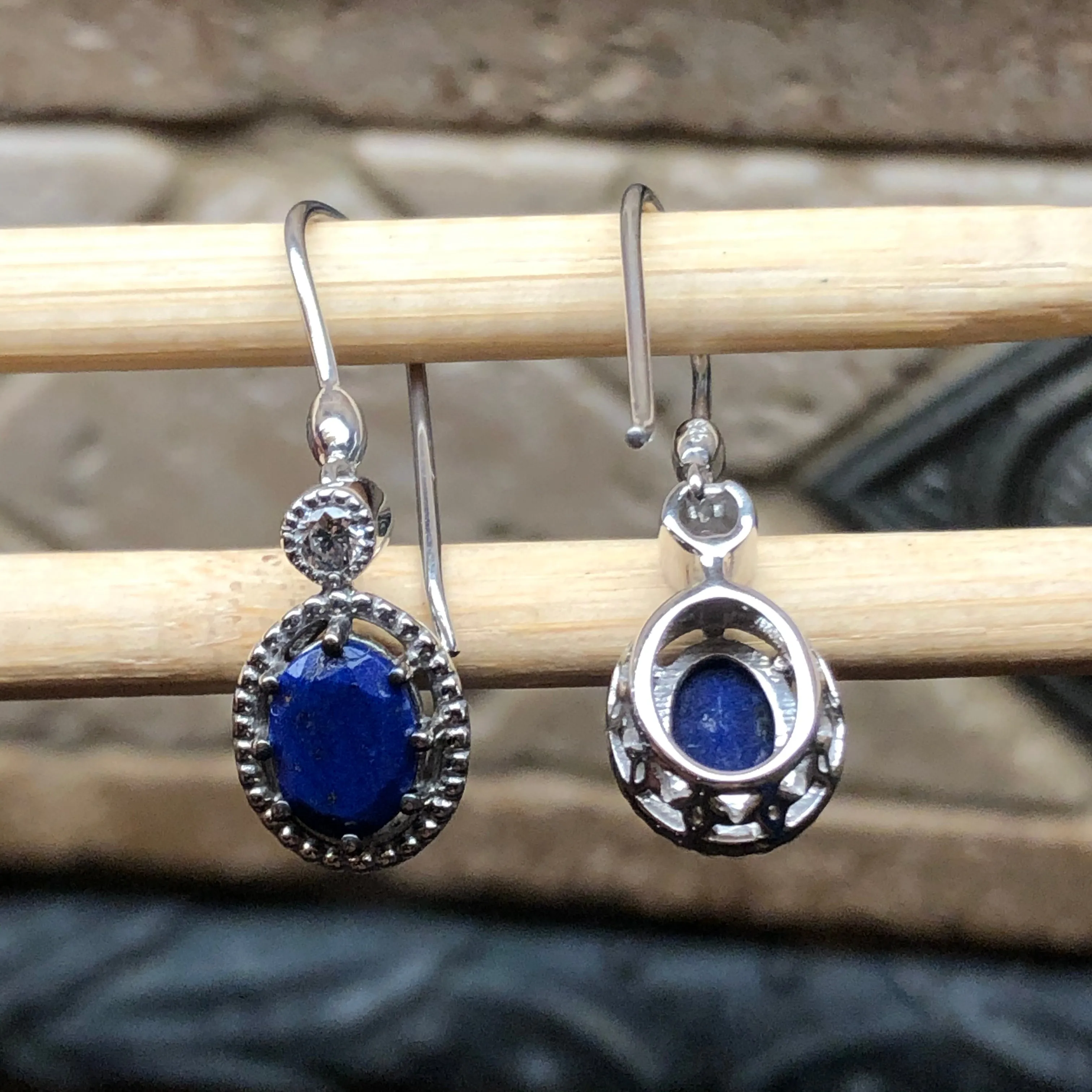 Genuine Blue Lapis Lazuli 925 Solid Sterling Silver Earrings 30mm
