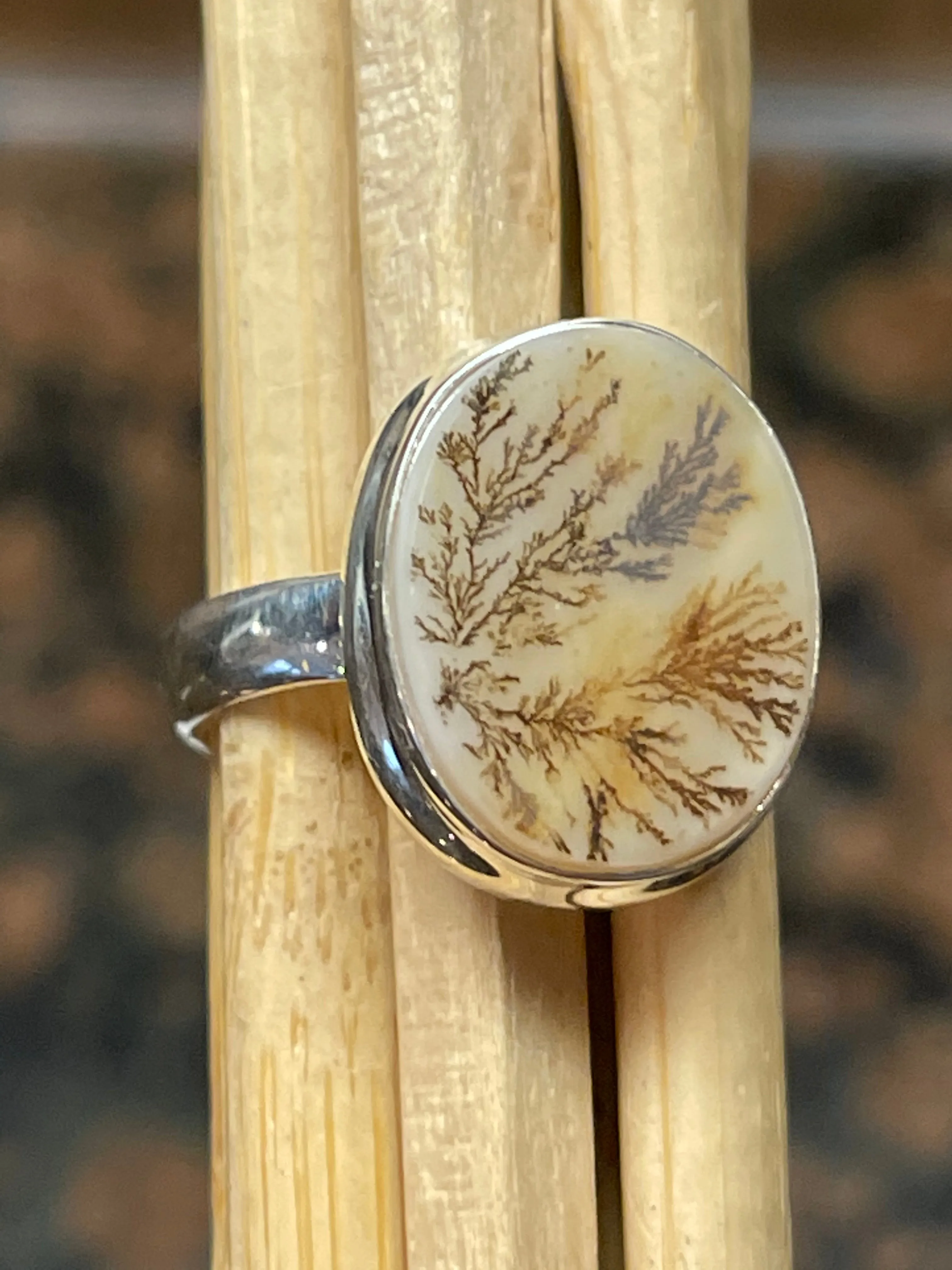 Genuine Georgian Scenic Dendritic Agate 925 Sterling Silver Ring Size 7.75