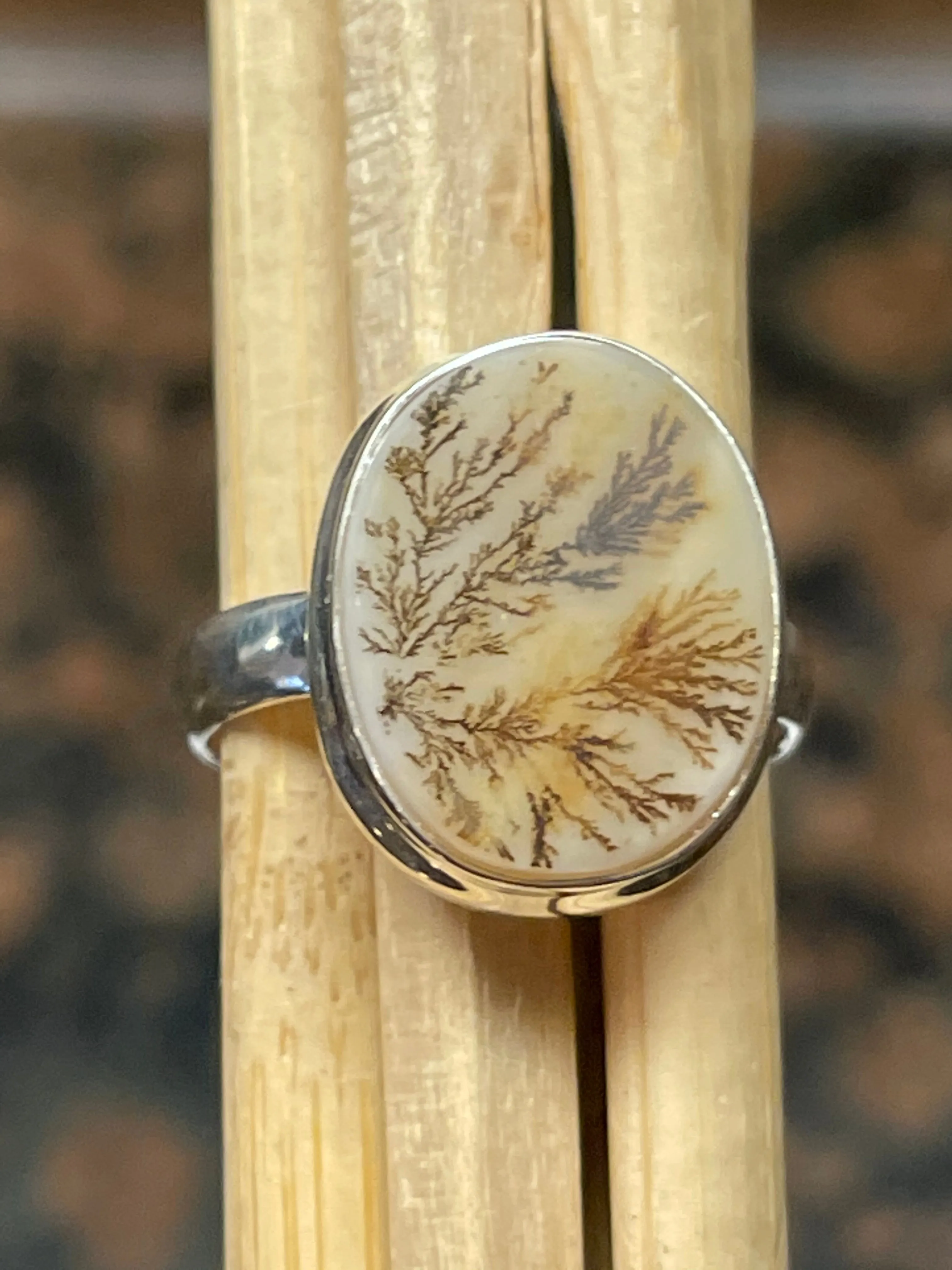 Genuine Georgian Scenic Dendritic Agate 925 Sterling Silver Ring Size 7.75