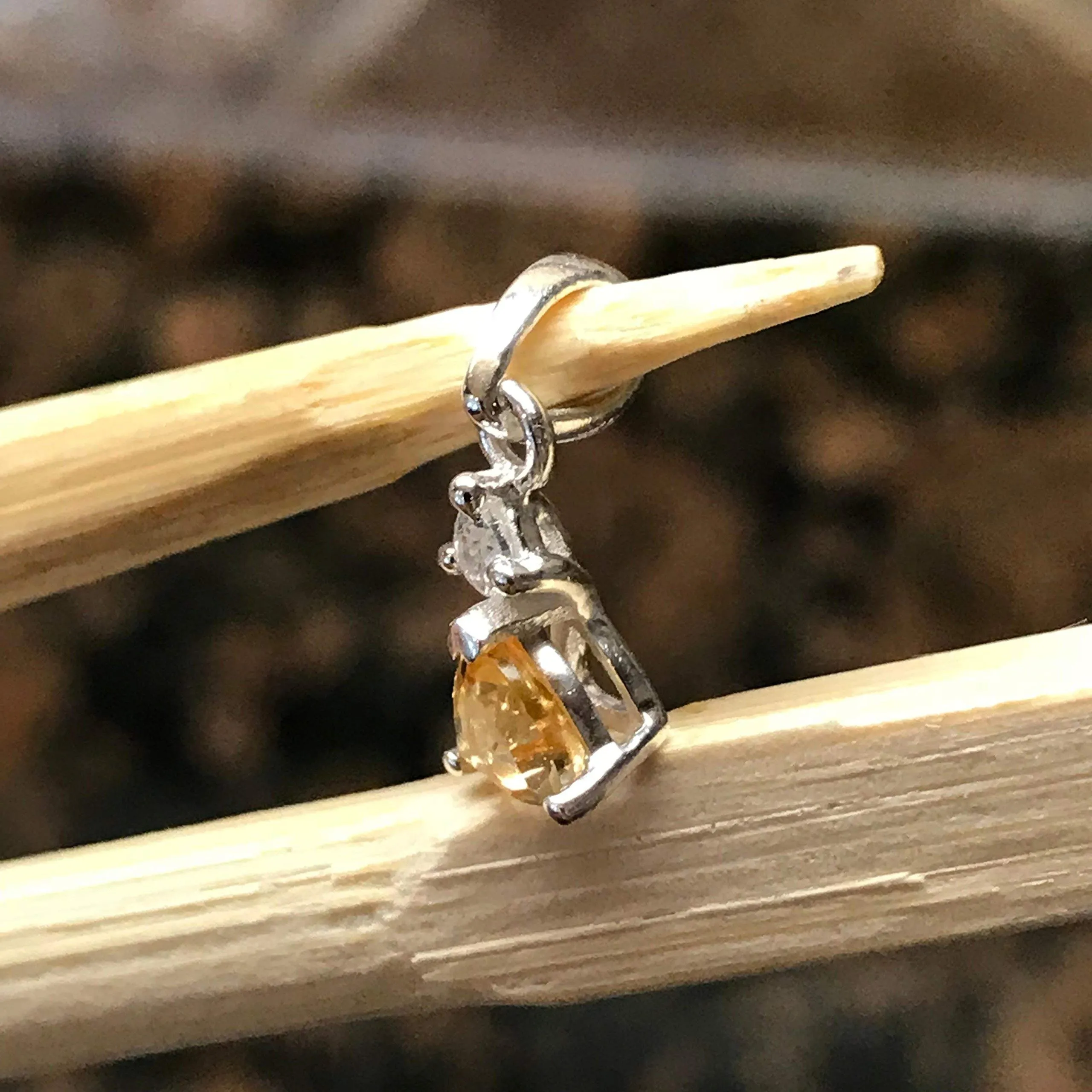 Genuine Golden Citrine 925 Solid Sterling Silver Pendant 15mm
