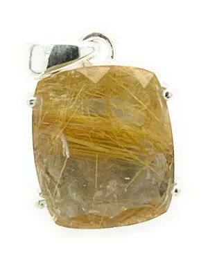 Genuine Golden Rutilated Quartz 925 Solid Sterling Silver Pendant 24mm