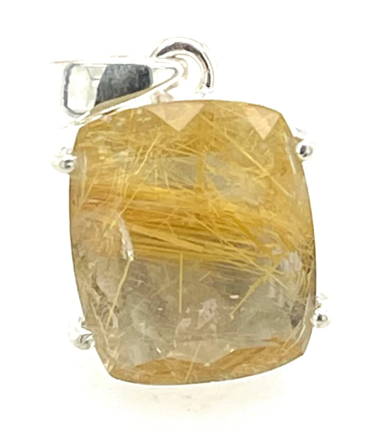 Genuine Golden Rutilated Quartz 925 Solid Sterling Silver Pendant 24mm
