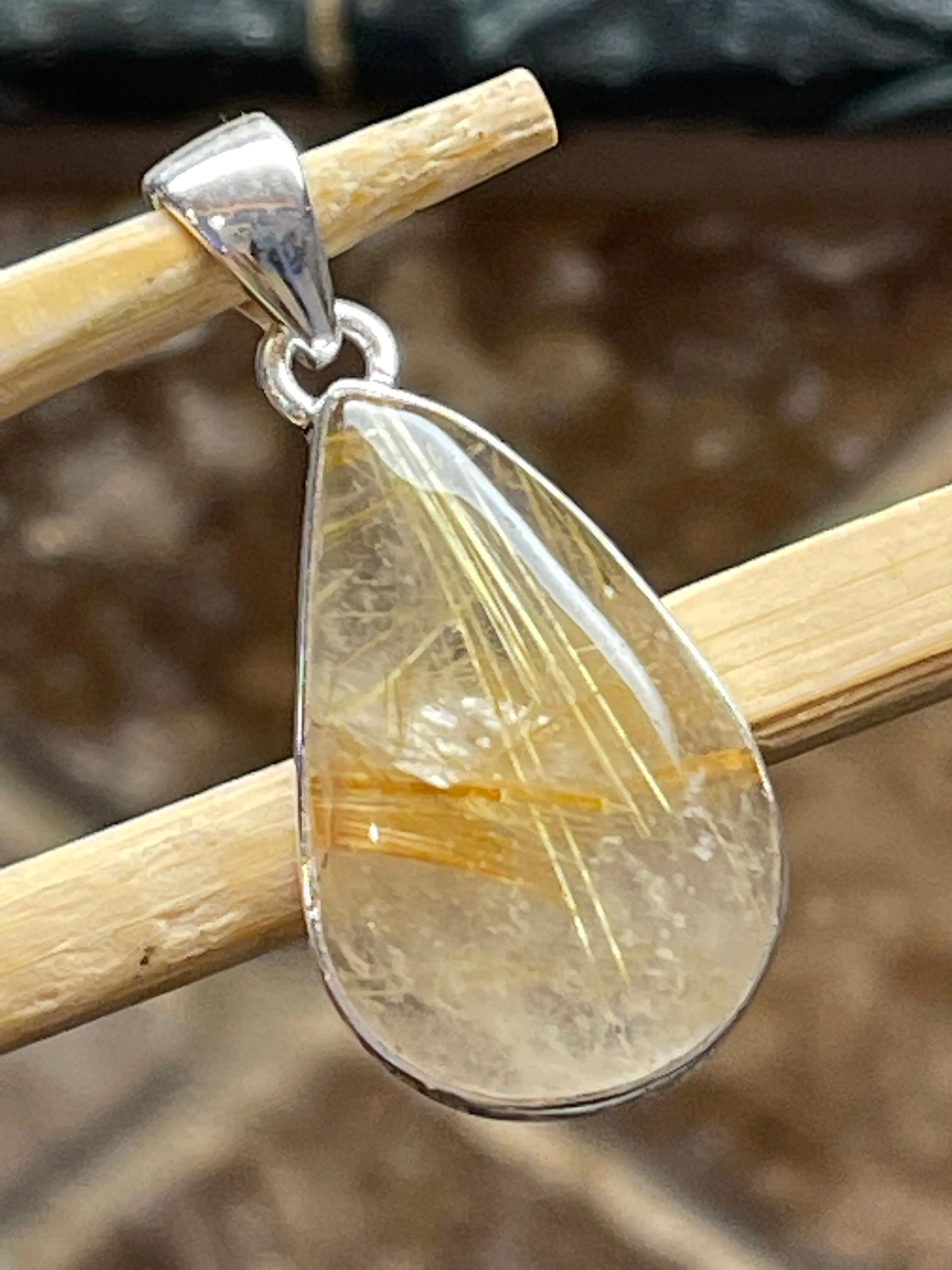 Genuine Golden Rutilated Quartz 925 Solid Sterling Silver Pendant 50mm