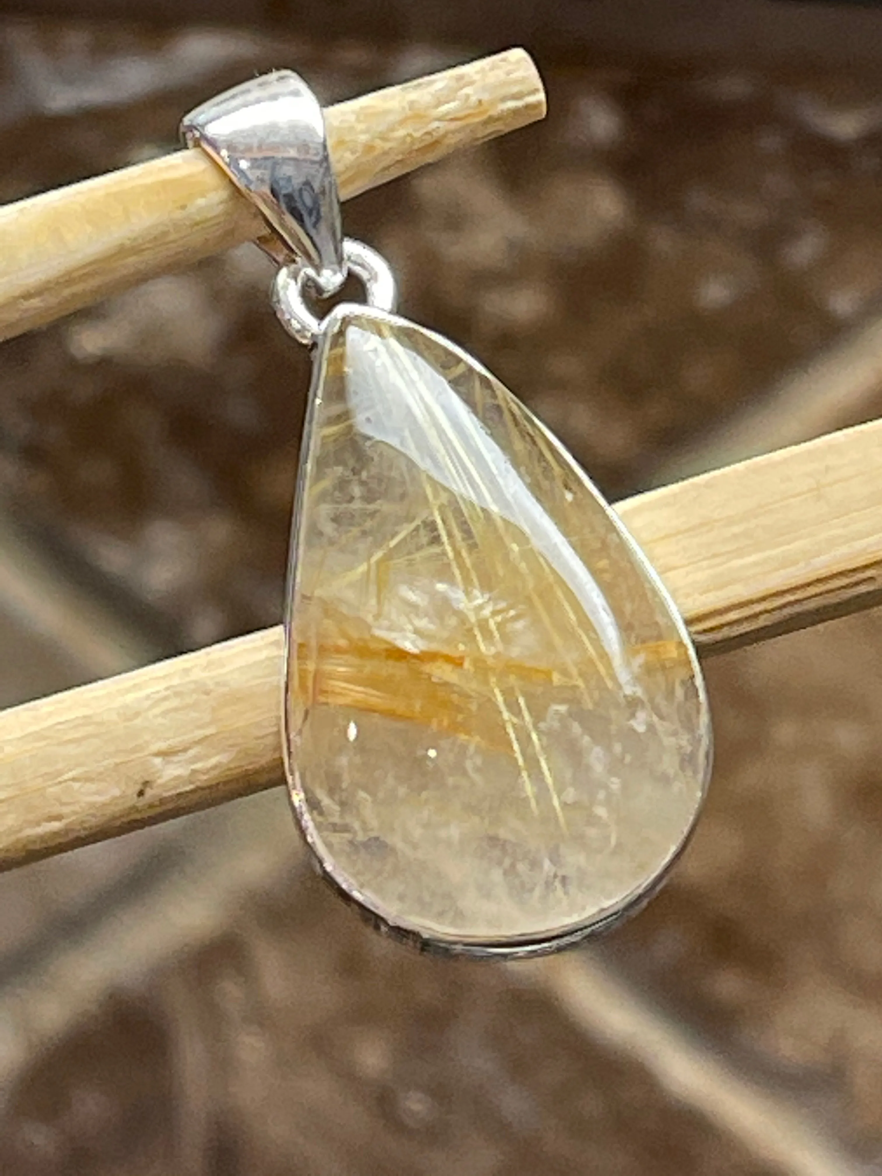 Genuine Golden Rutilated Quartz 925 Solid Sterling Silver Pendant 50mm