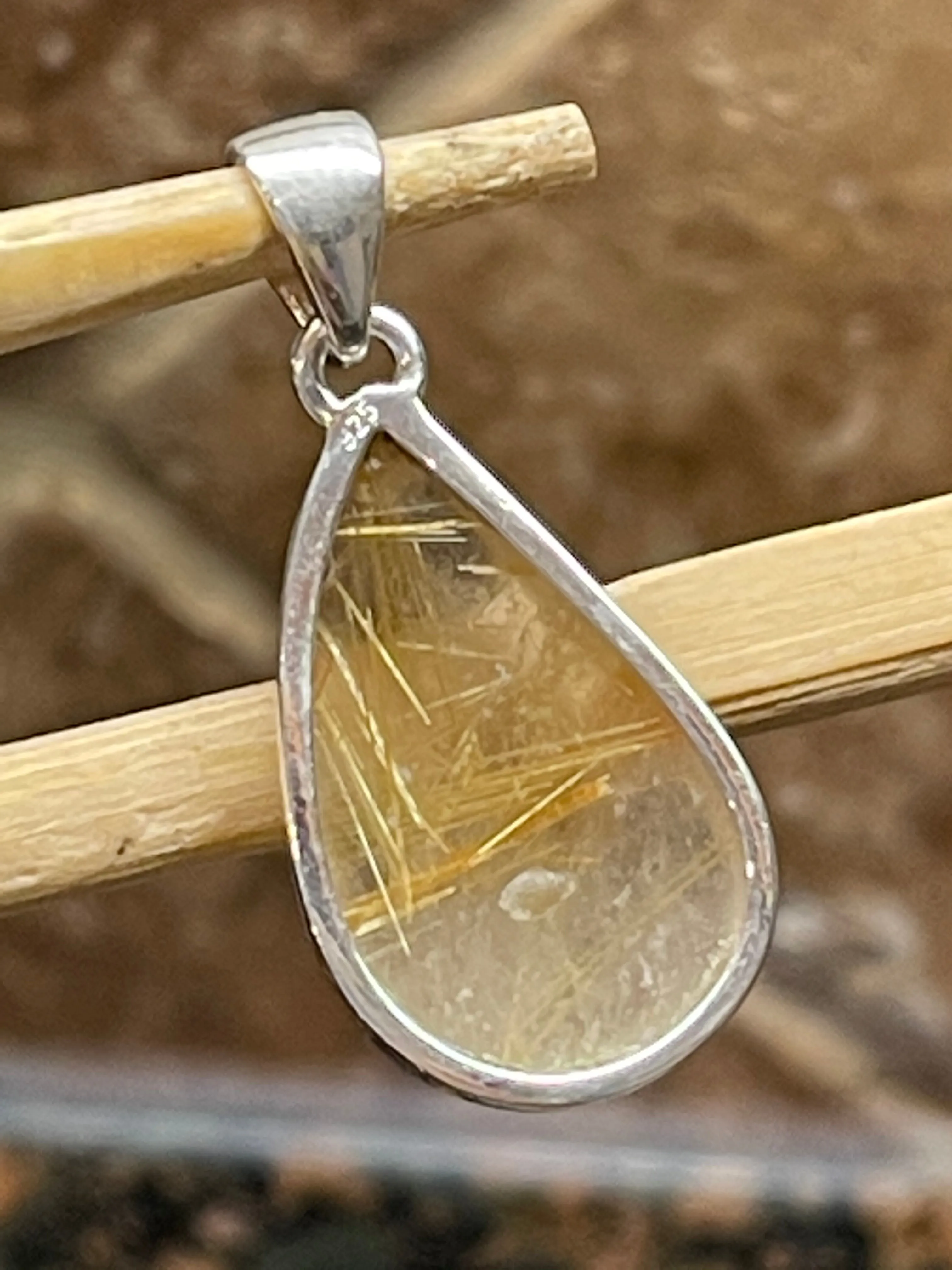 Genuine Golden Rutilated Quartz 925 Solid Sterling Silver Pendant 50mm