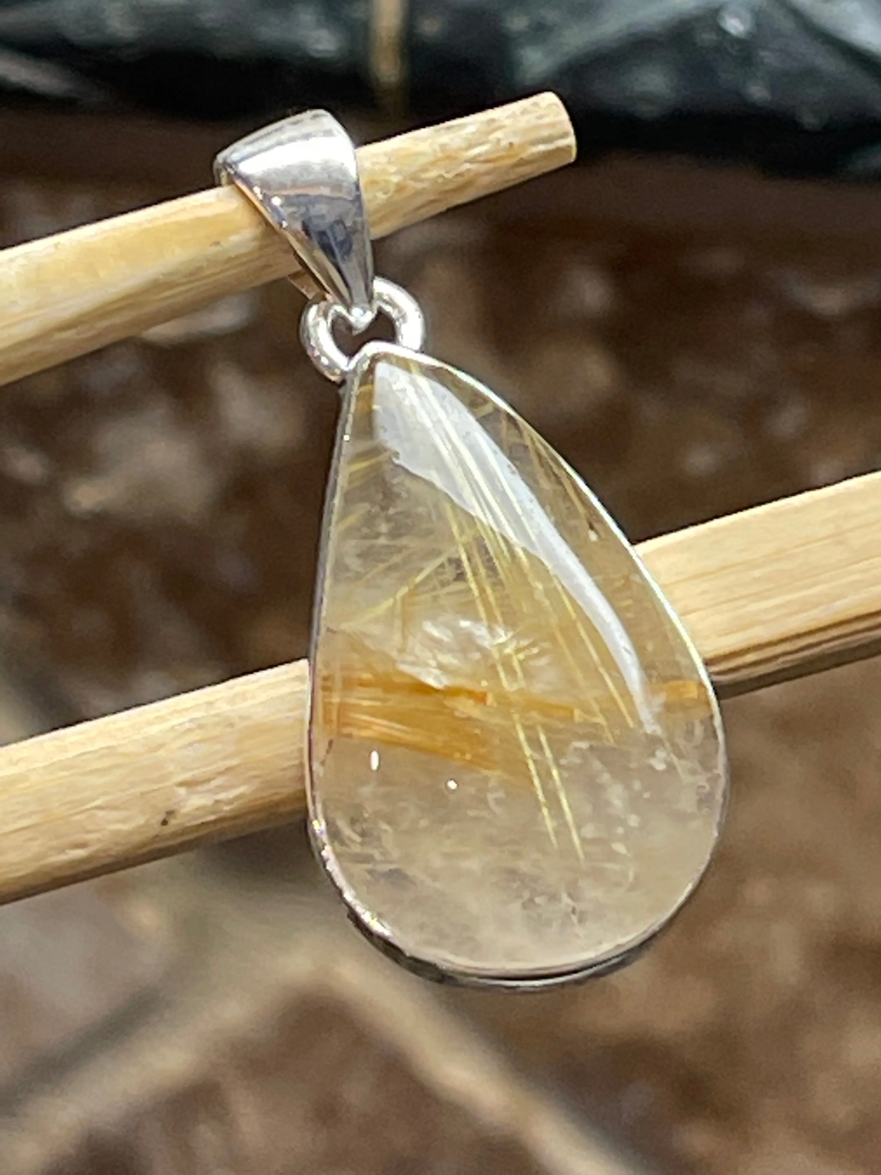 Genuine Golden Rutilated Quartz 925 Solid Sterling Silver Pendant 50mm
