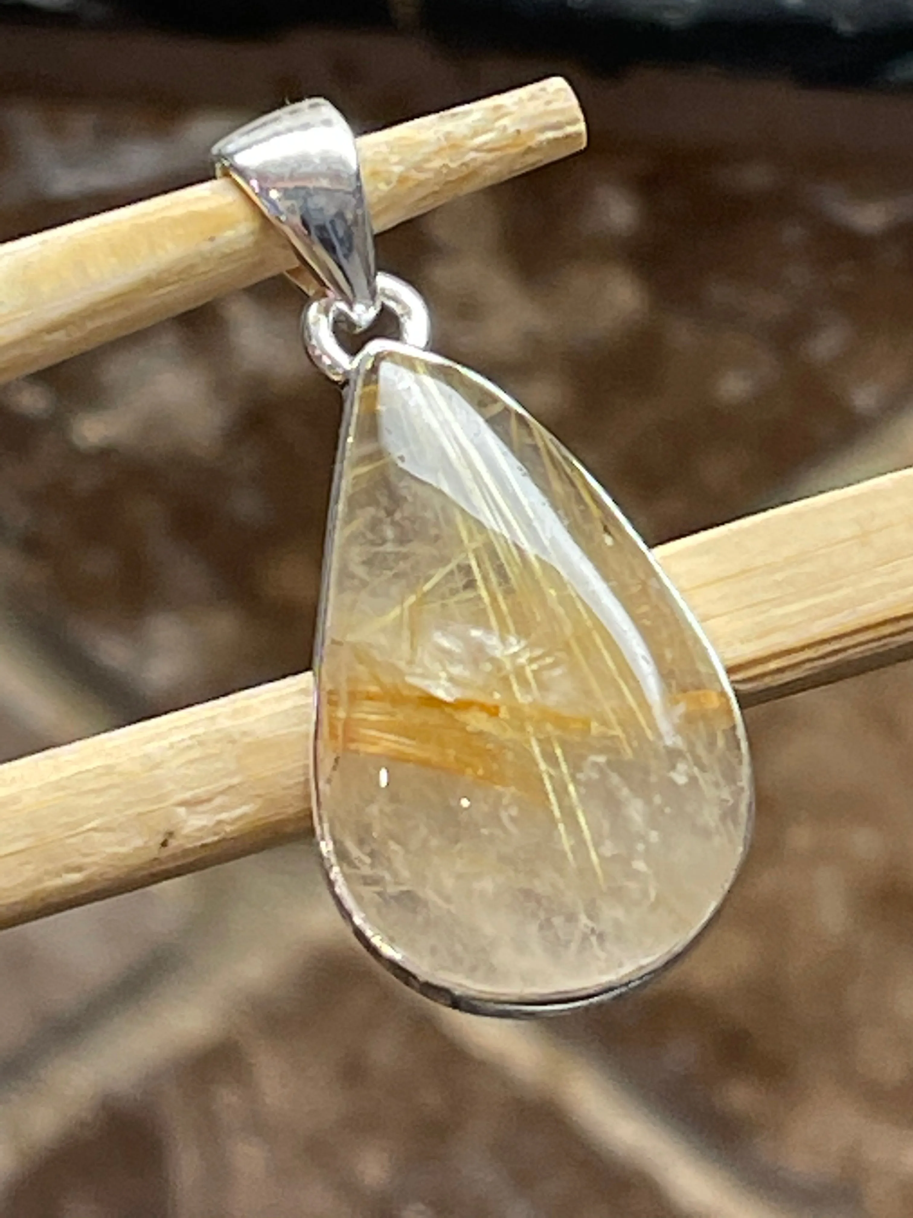 Genuine Golden Rutilated Quartz 925 Solid Sterling Silver Pendant 50mm