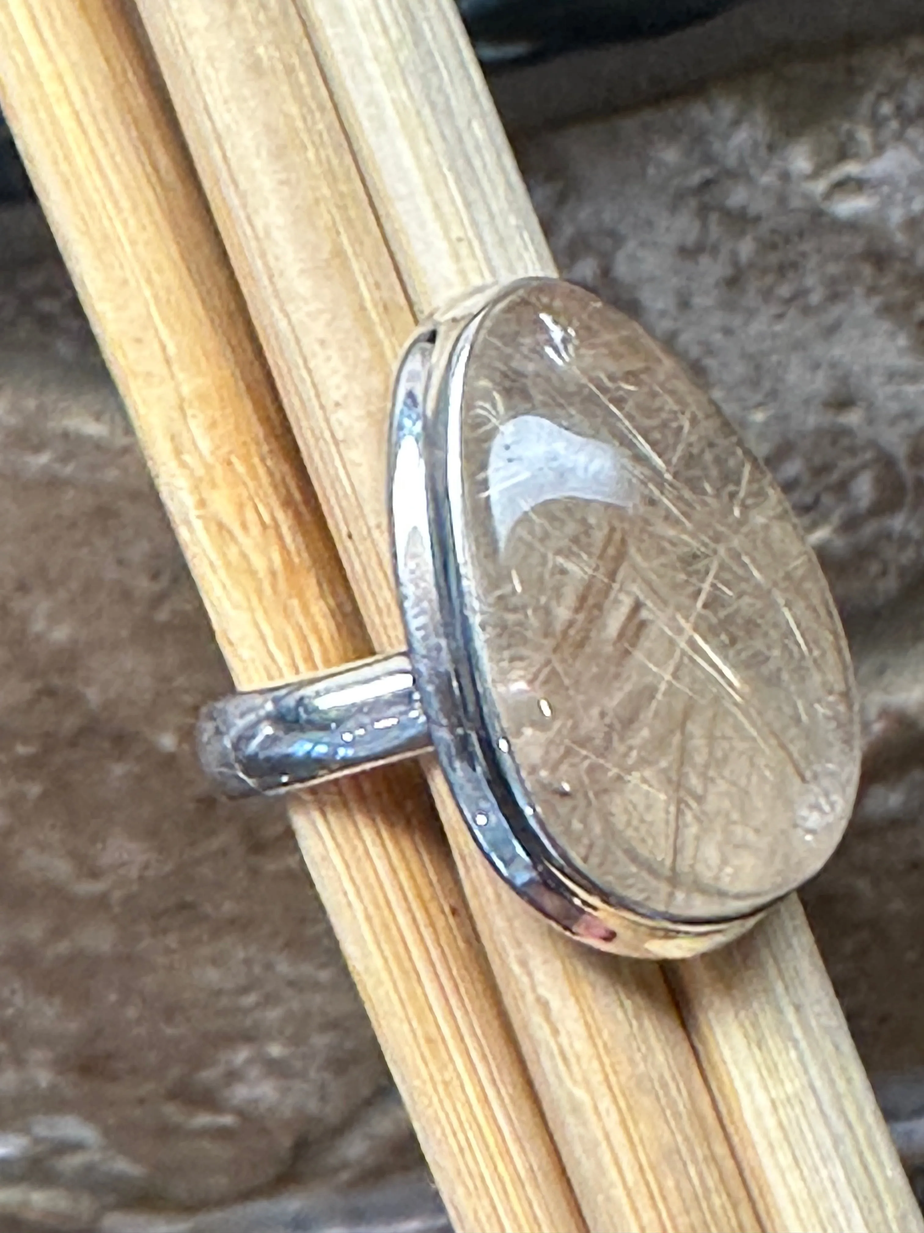 Genuine Golden Rutilated Quartz 925 Solid Sterling Silver Ring Size 6.75