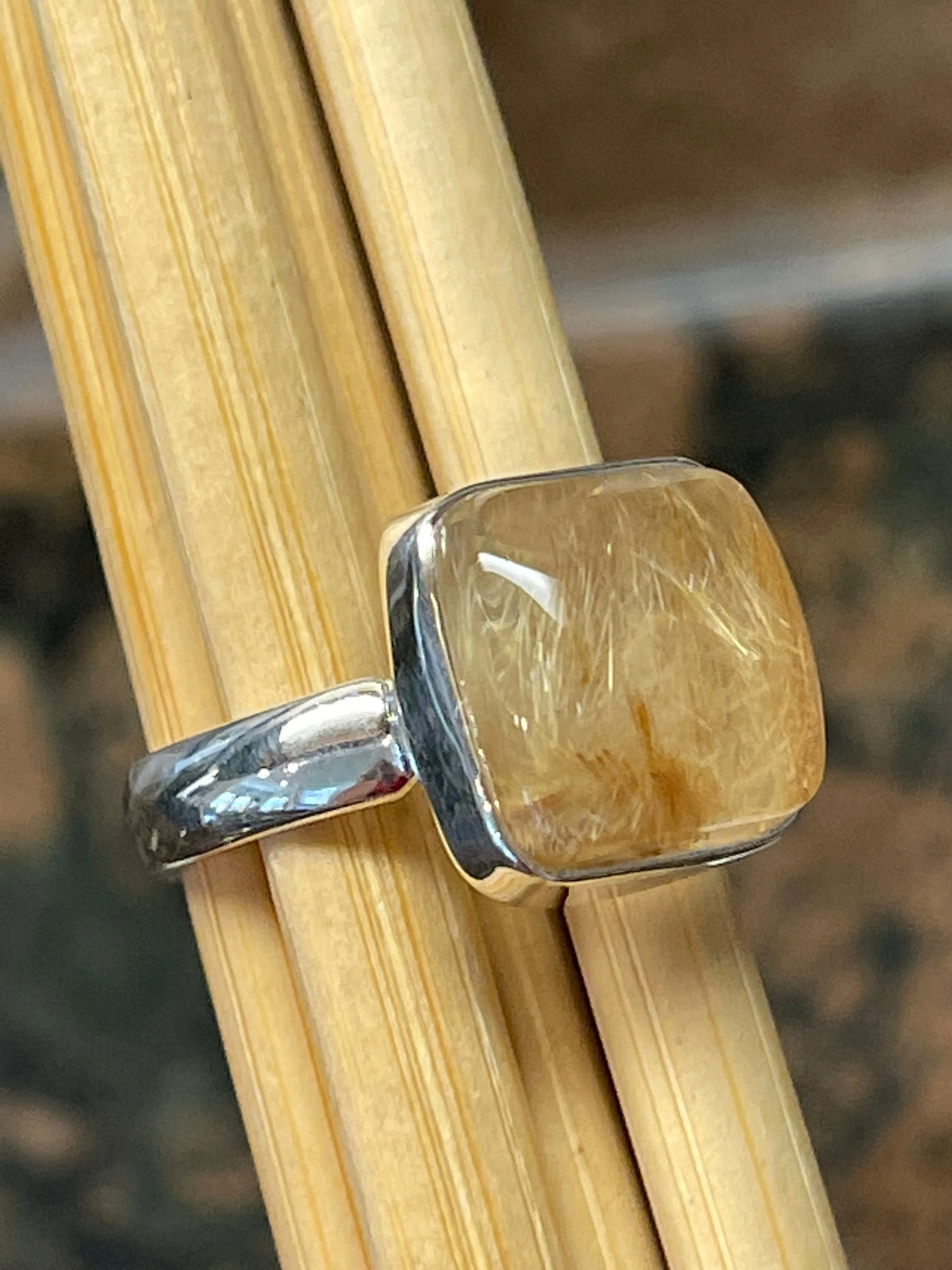 Genuine Golden Rutilated Quartz 925 Solid Sterling Silver Ring Size 7.25