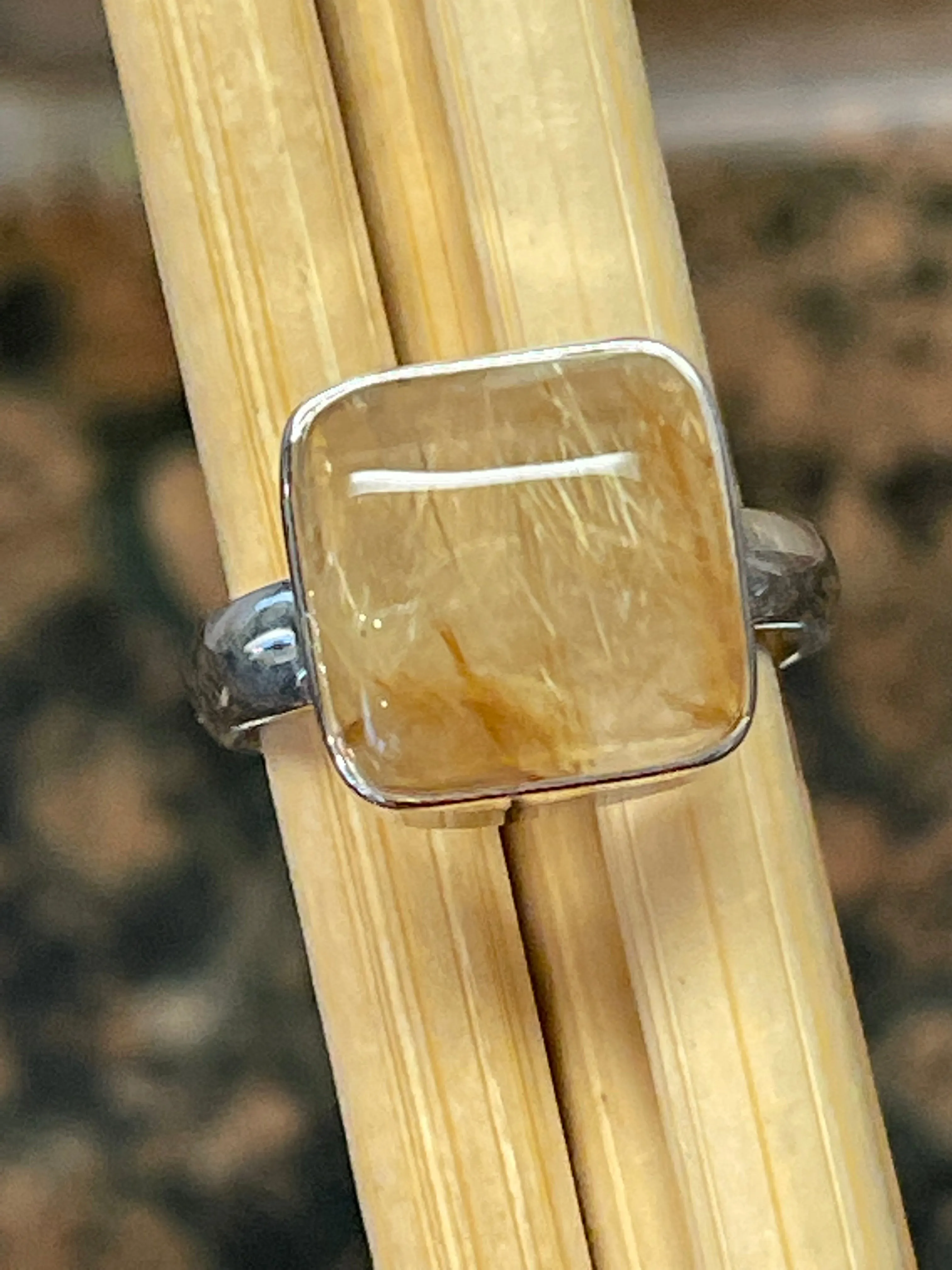 Genuine Golden Rutilated Quartz 925 Solid Sterling Silver Ring Size 7.25