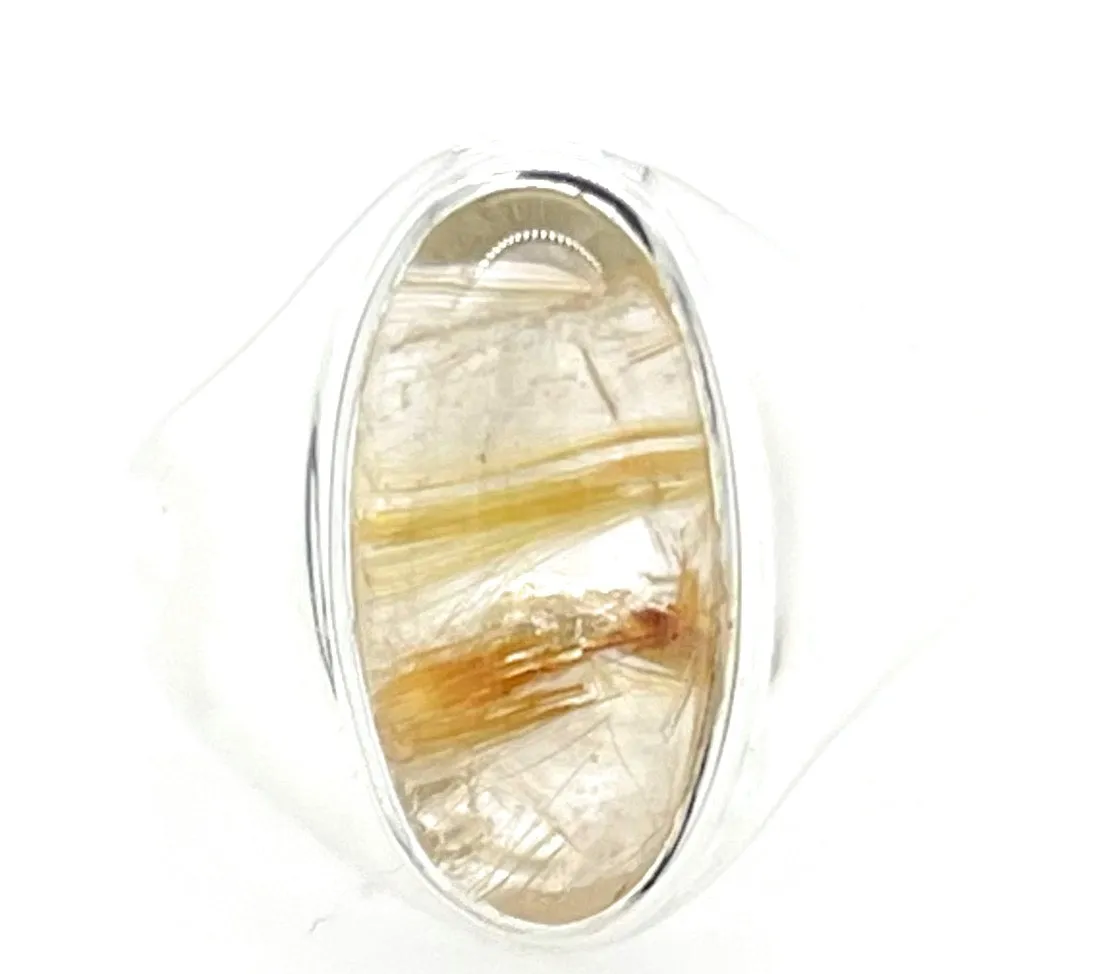 Genuine Golden Rutilated Quartz 925 Solid Sterling Silver Unisex Ring Size 8.75