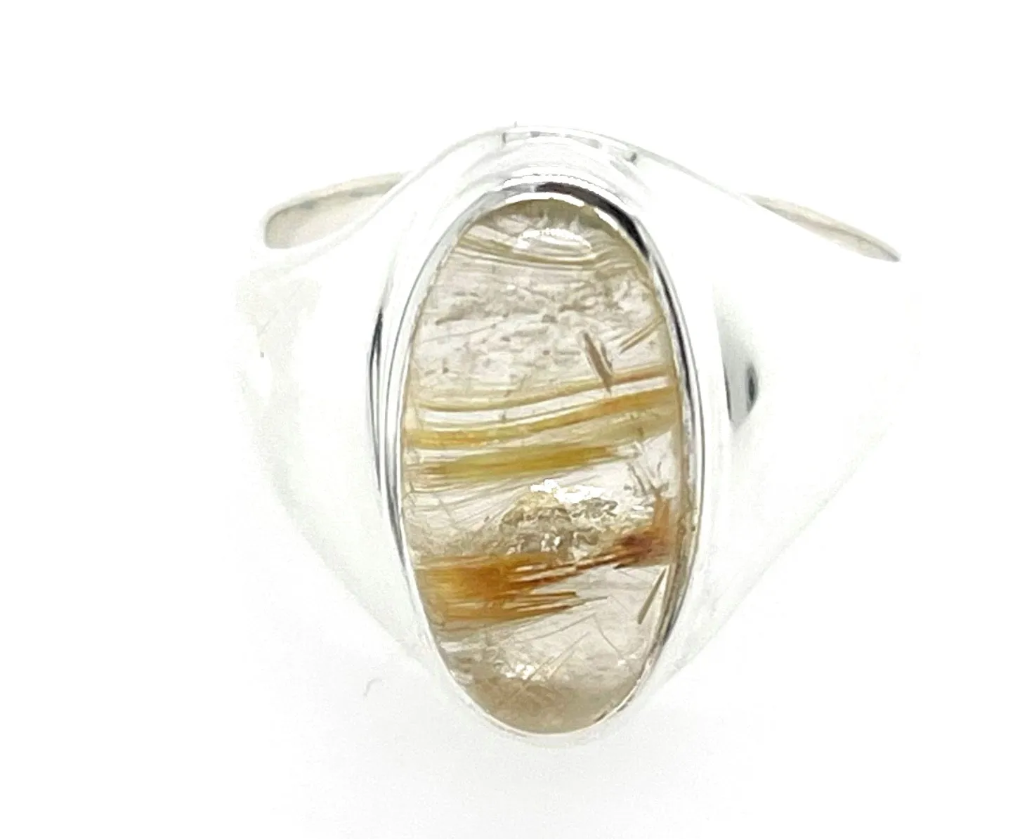 Genuine Golden Rutilated Quartz 925 Solid Sterling Silver Unisex Ring Size 8.75