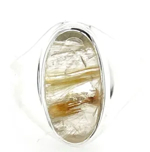 Genuine Golden Rutilated Quartz 925 Solid Sterling Silver Unisex Ring Size 8.75
