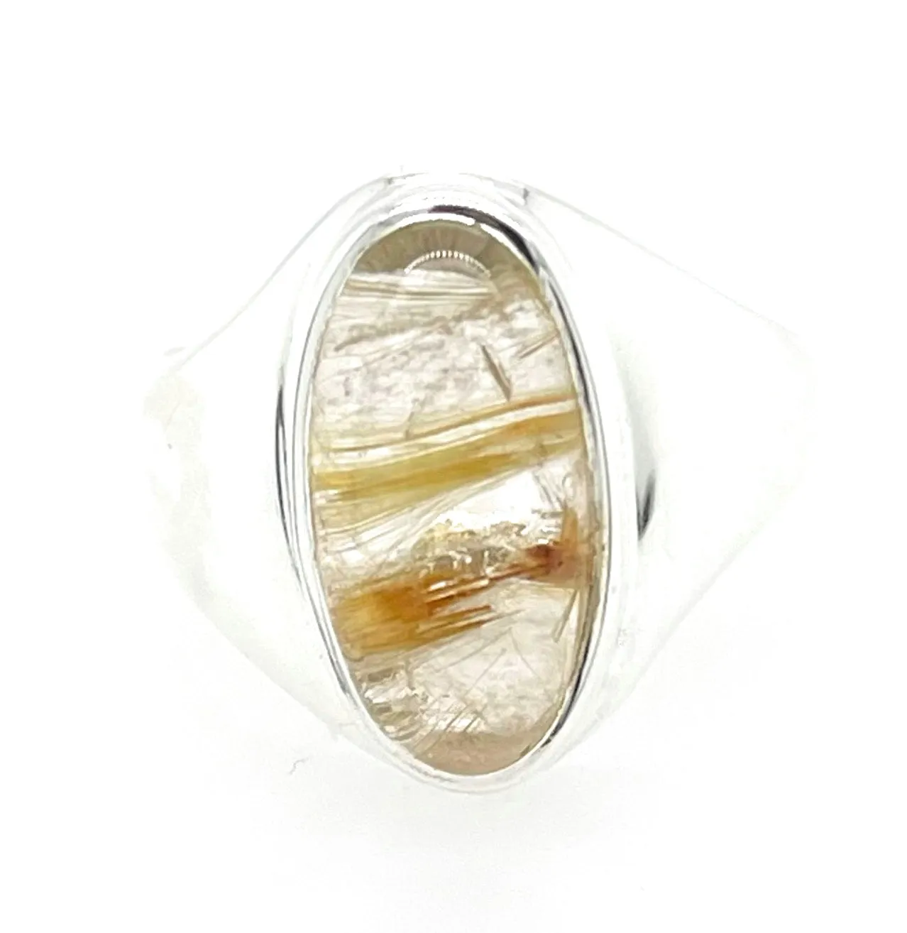 Genuine Golden Rutilated Quartz 925 Solid Sterling Silver Unisex Ring Size 8.75