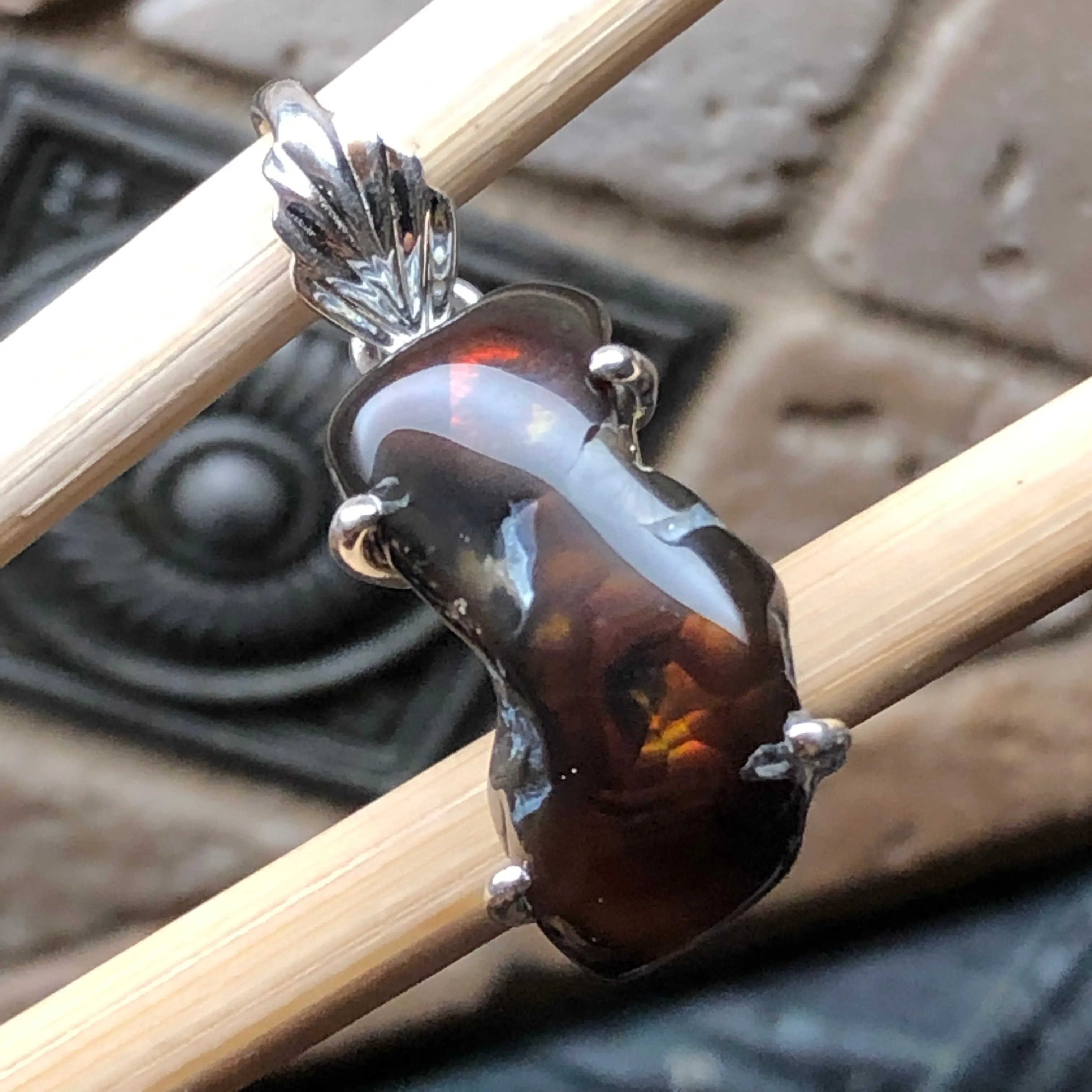 Genuine Mexican Fire Agate 925 Solid Sterling Silver Unisex Pendant 30mm