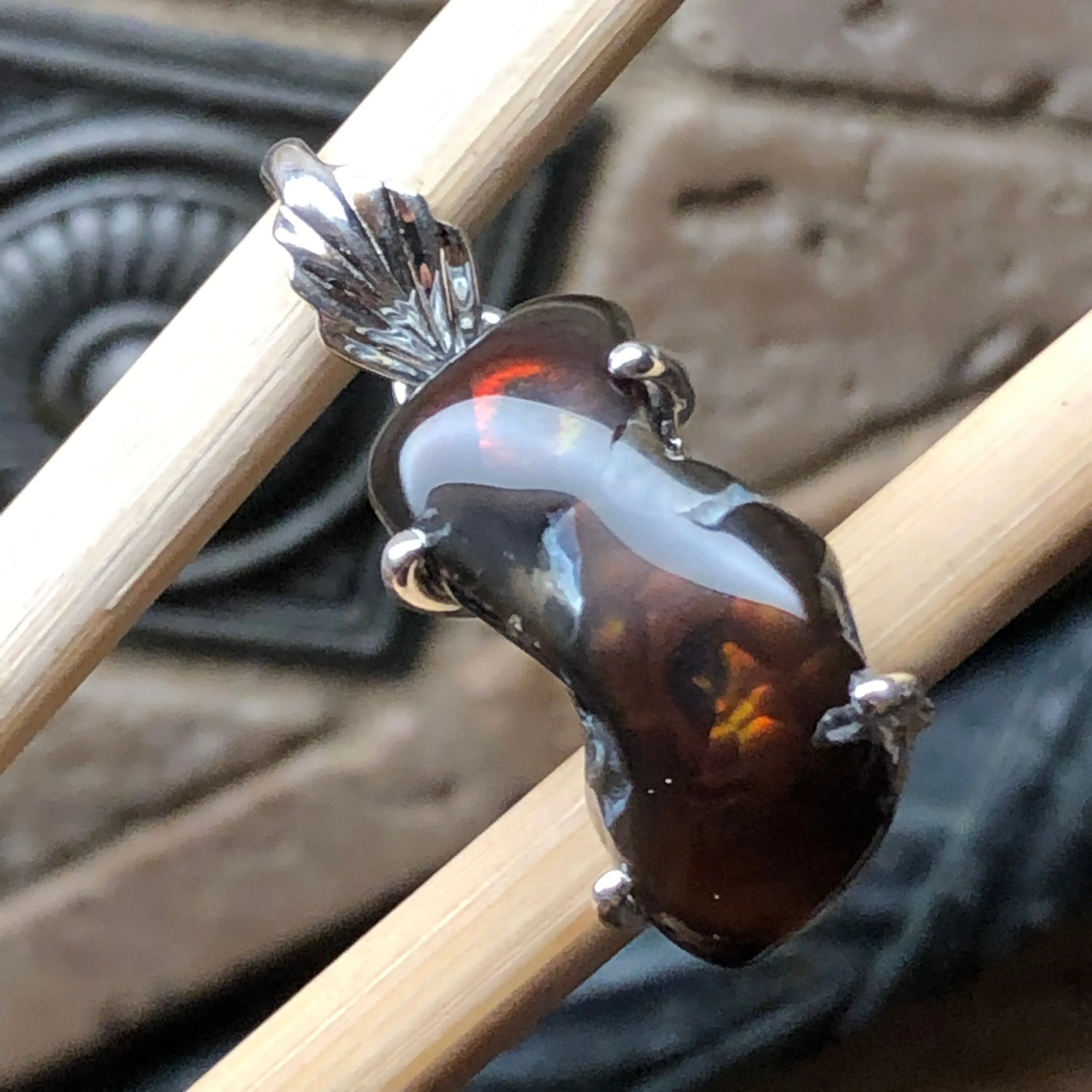 Genuine Mexican Fire Agate 925 Solid Sterling Silver Unisex Pendant 30mm
