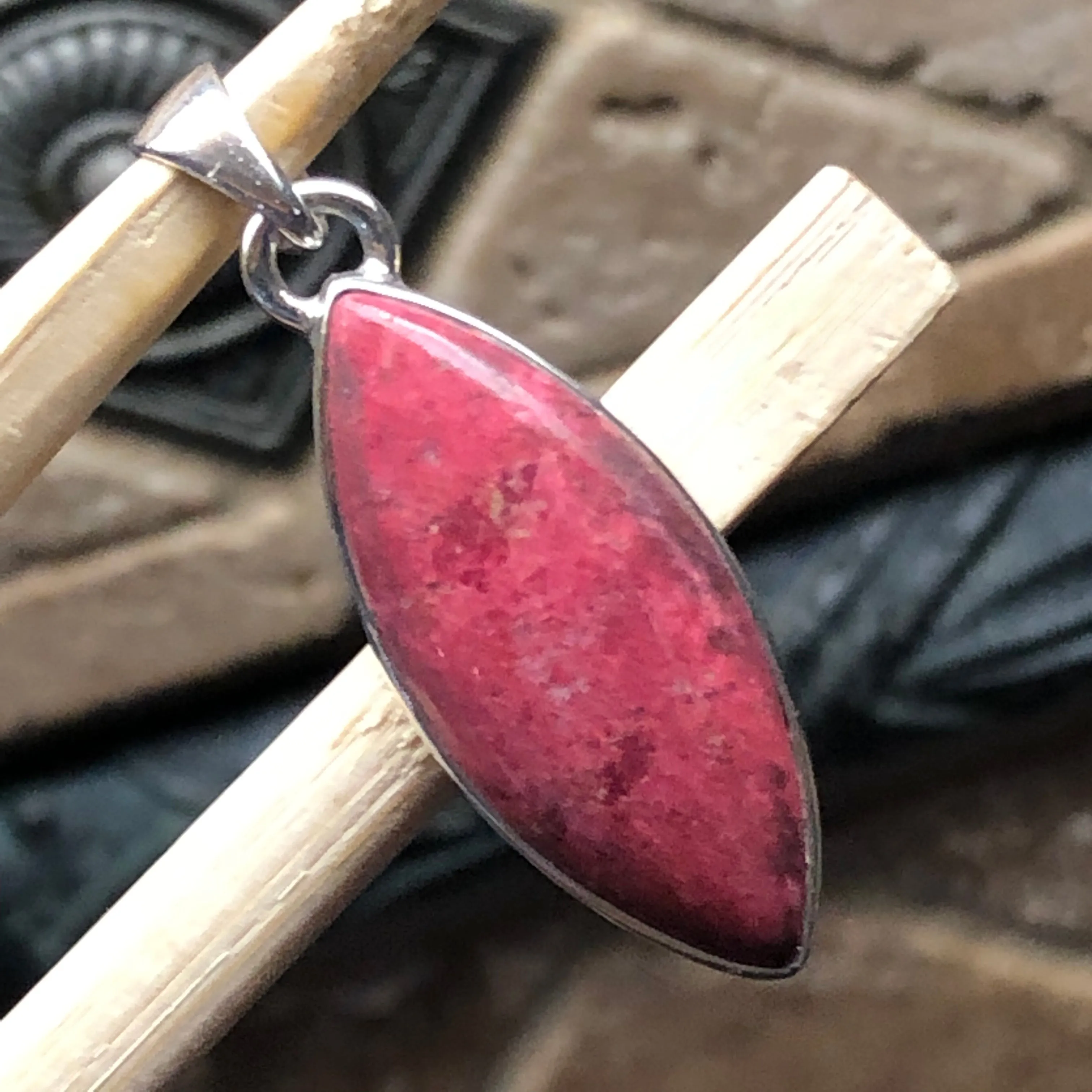 Genuine Pink Thulite 925 Solid Sterling Silver Marquise Pendant 40mm
