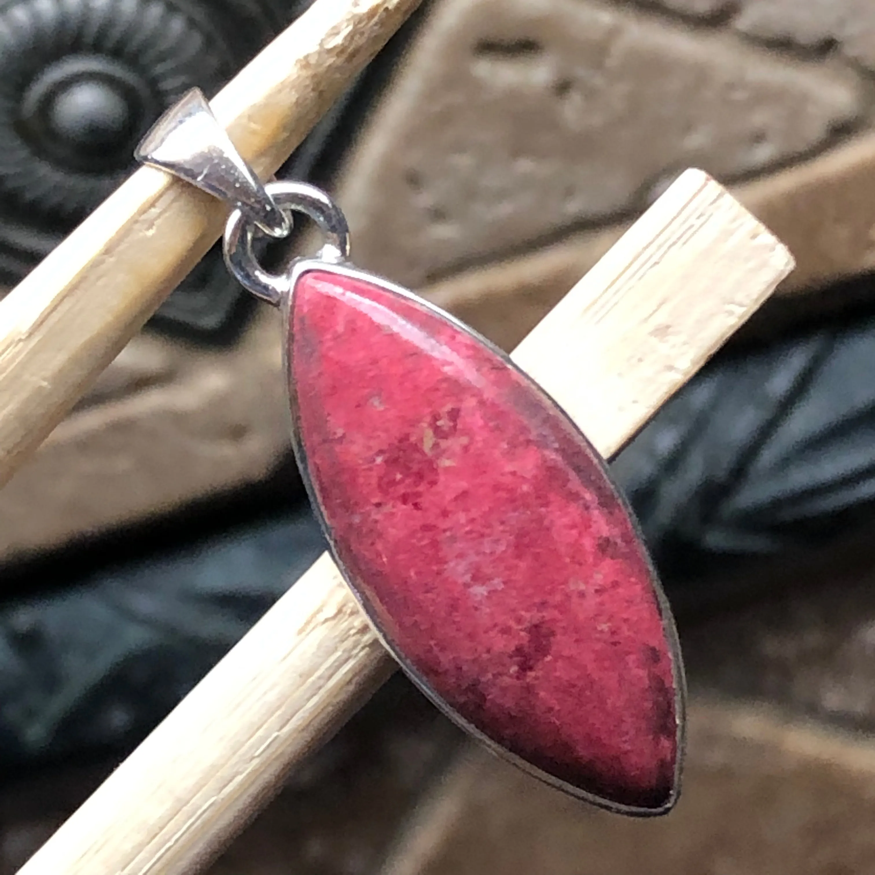 Genuine Pink Thulite 925 Solid Sterling Silver Marquise Pendant 40mm