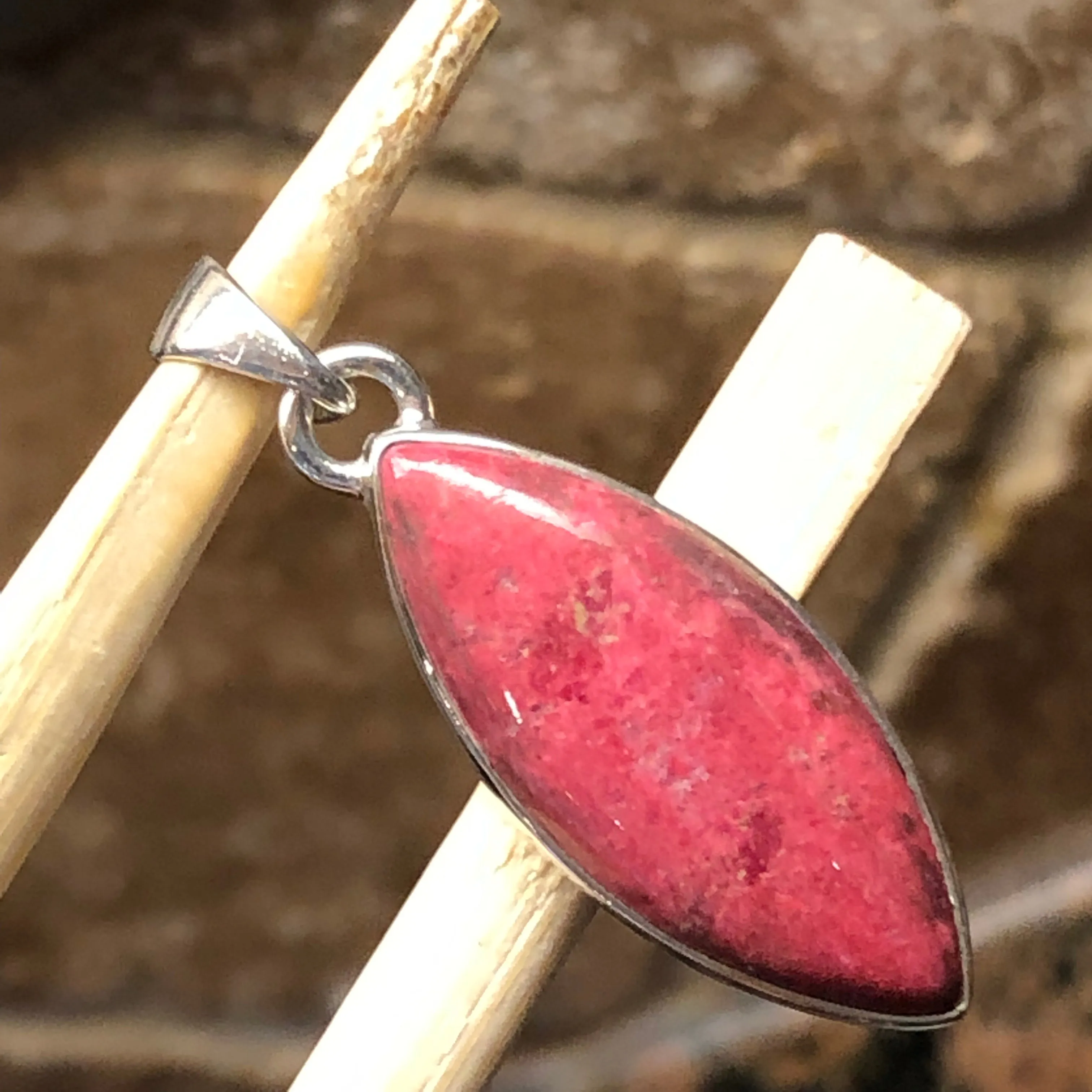 Genuine Pink Thulite 925 Solid Sterling Silver Marquise Pendant 40mm