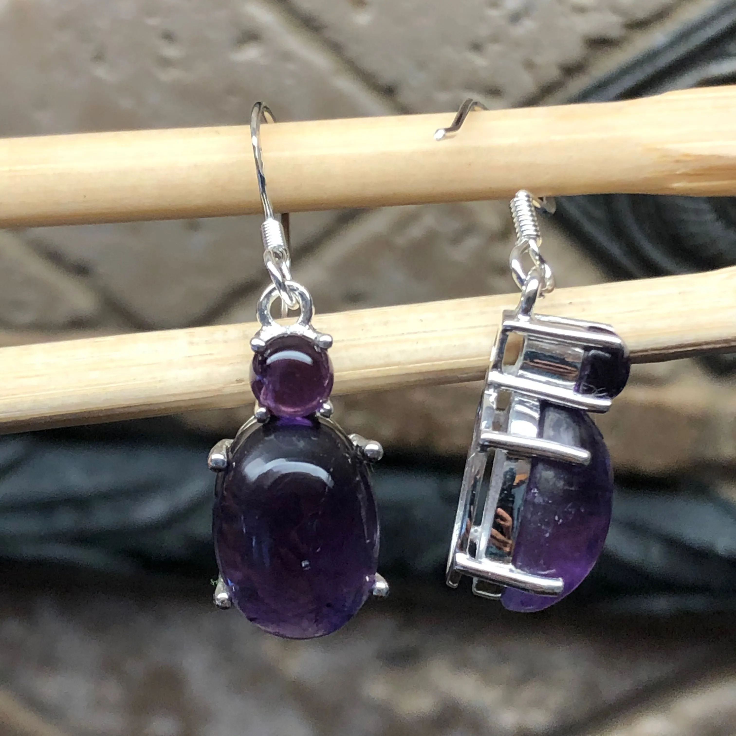 Genuine Purple Amethyst 925 Solid Sterling Silver Earrings 35mm