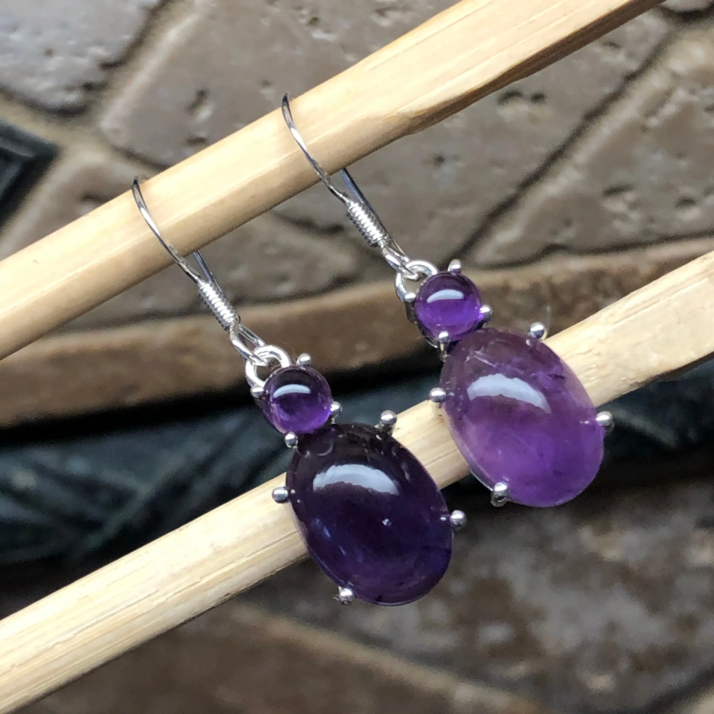 Genuine Purple Amethyst 925 Solid Sterling Silver Earrings 35mm