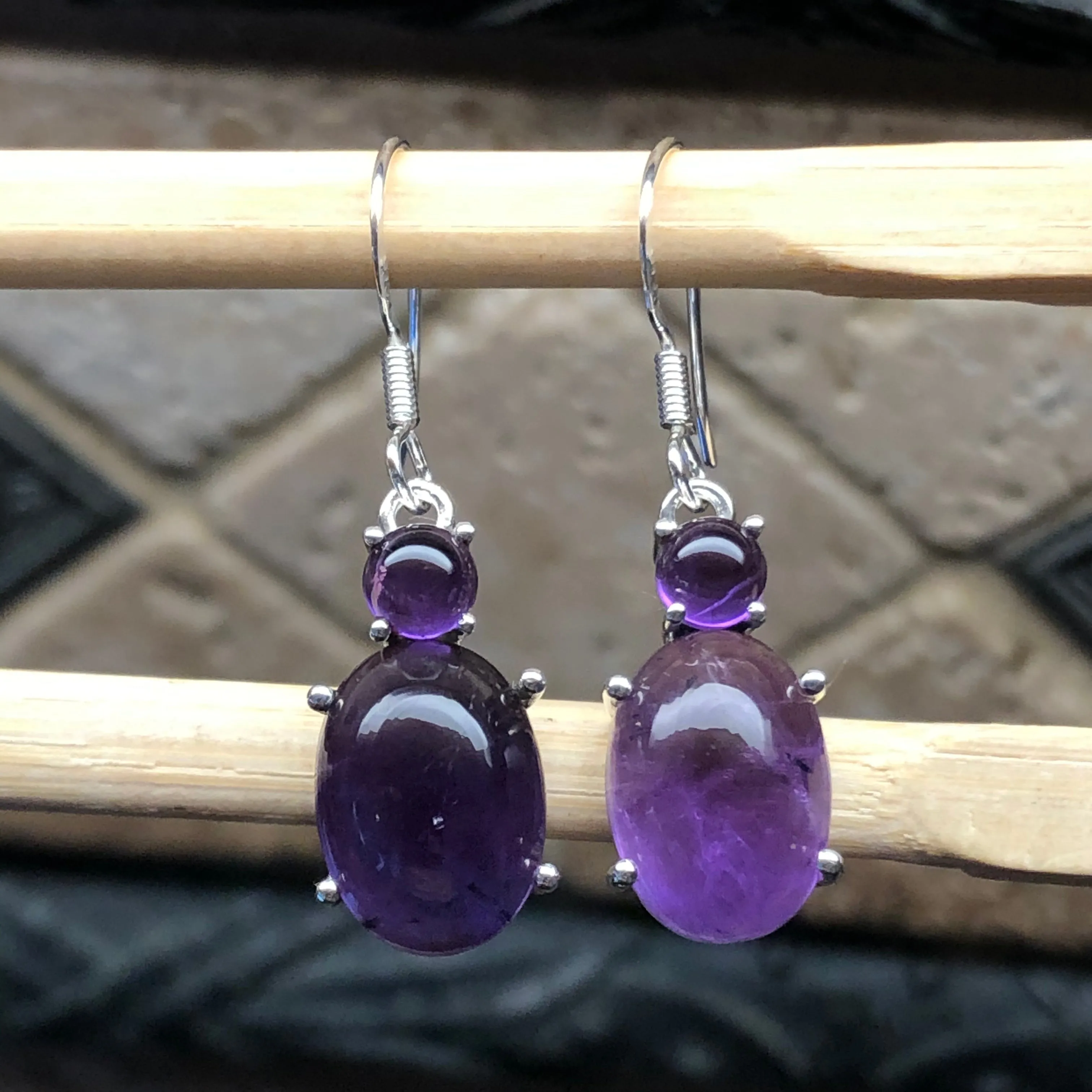 Genuine Purple Amethyst 925 Solid Sterling Silver Earrings 35mm