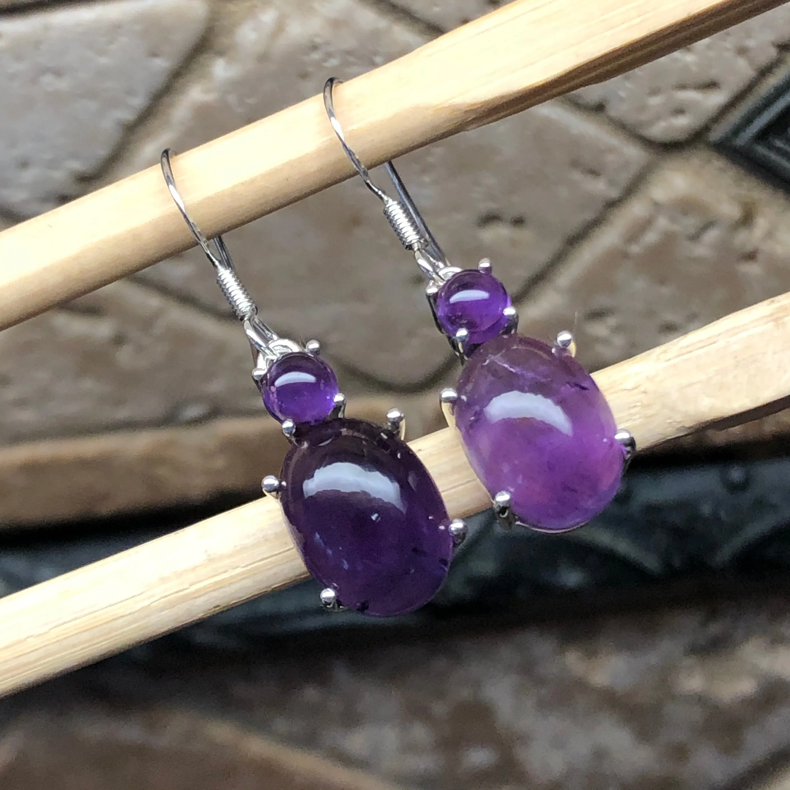 Genuine Purple Amethyst 925 Solid Sterling Silver Earrings 35mm