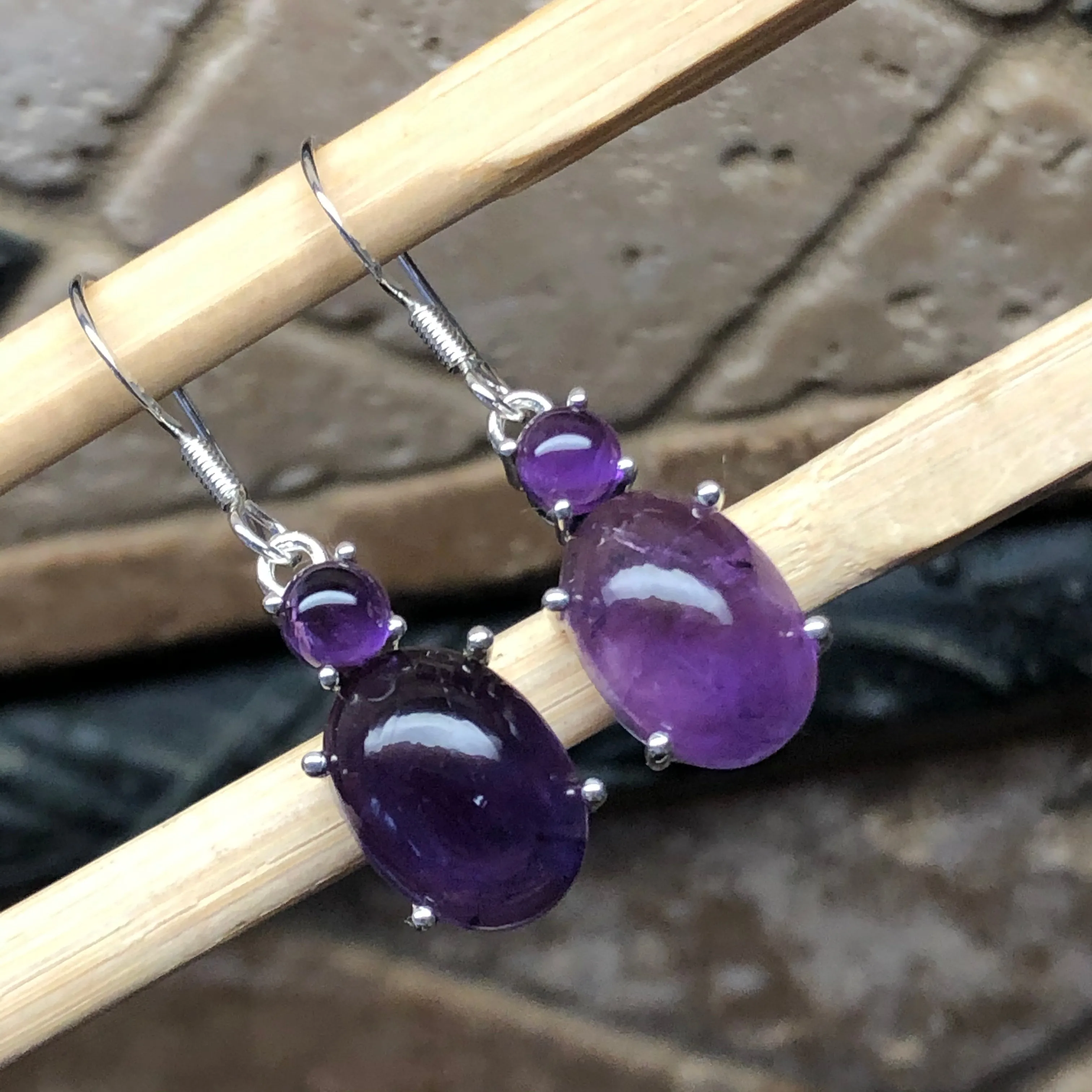 Genuine Purple Amethyst 925 Solid Sterling Silver Earrings 35mm