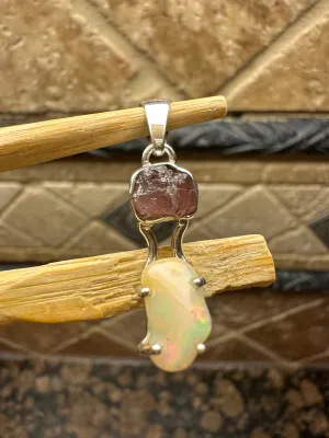 Genuine  Raw Garnet, Ethiopian Opal 925 Solid Sterling Silver Pendant 20mm