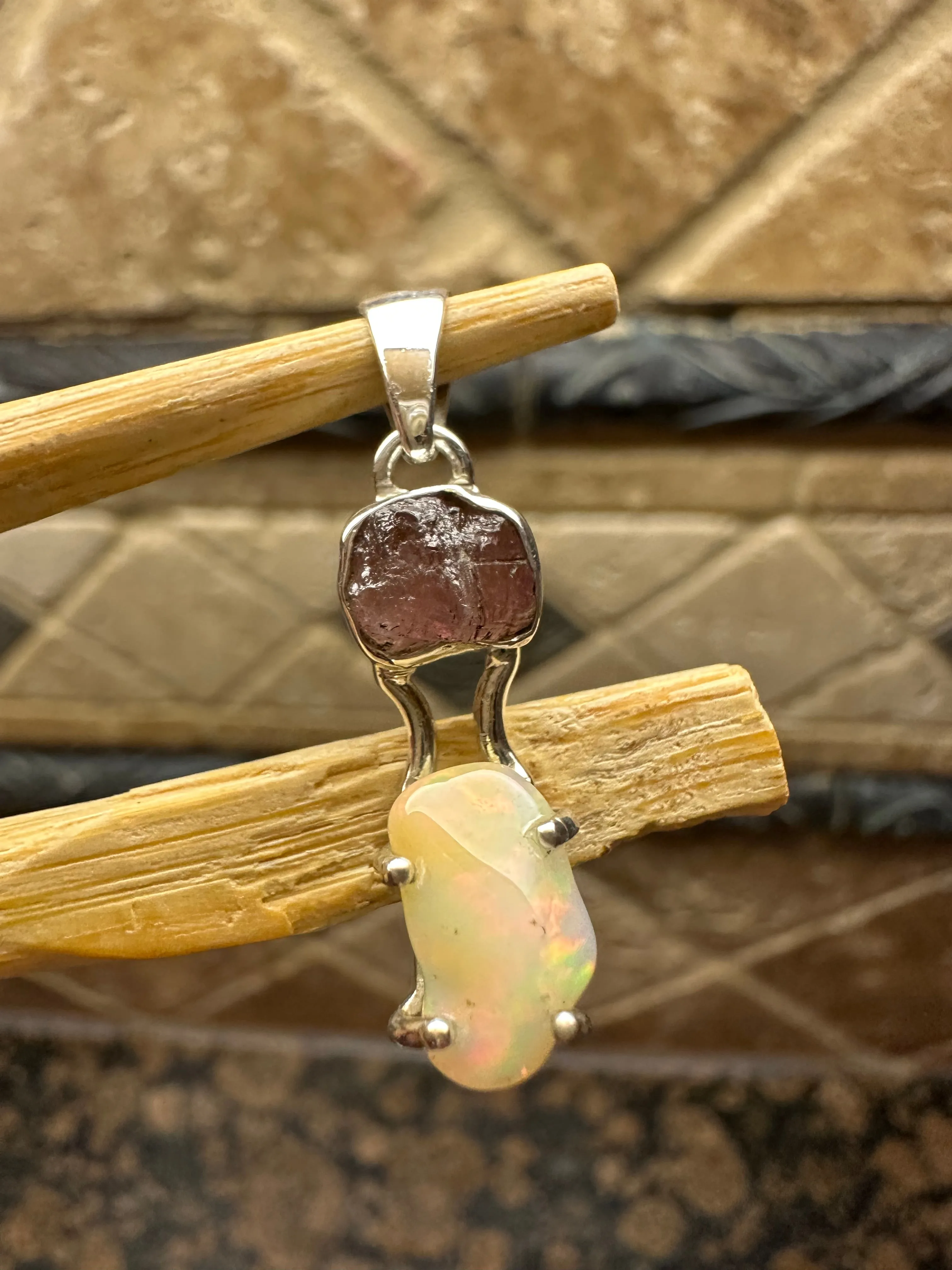 Genuine  Raw Garnet, Ethiopian Opal 925 Solid Sterling Silver Pendant 20mm
