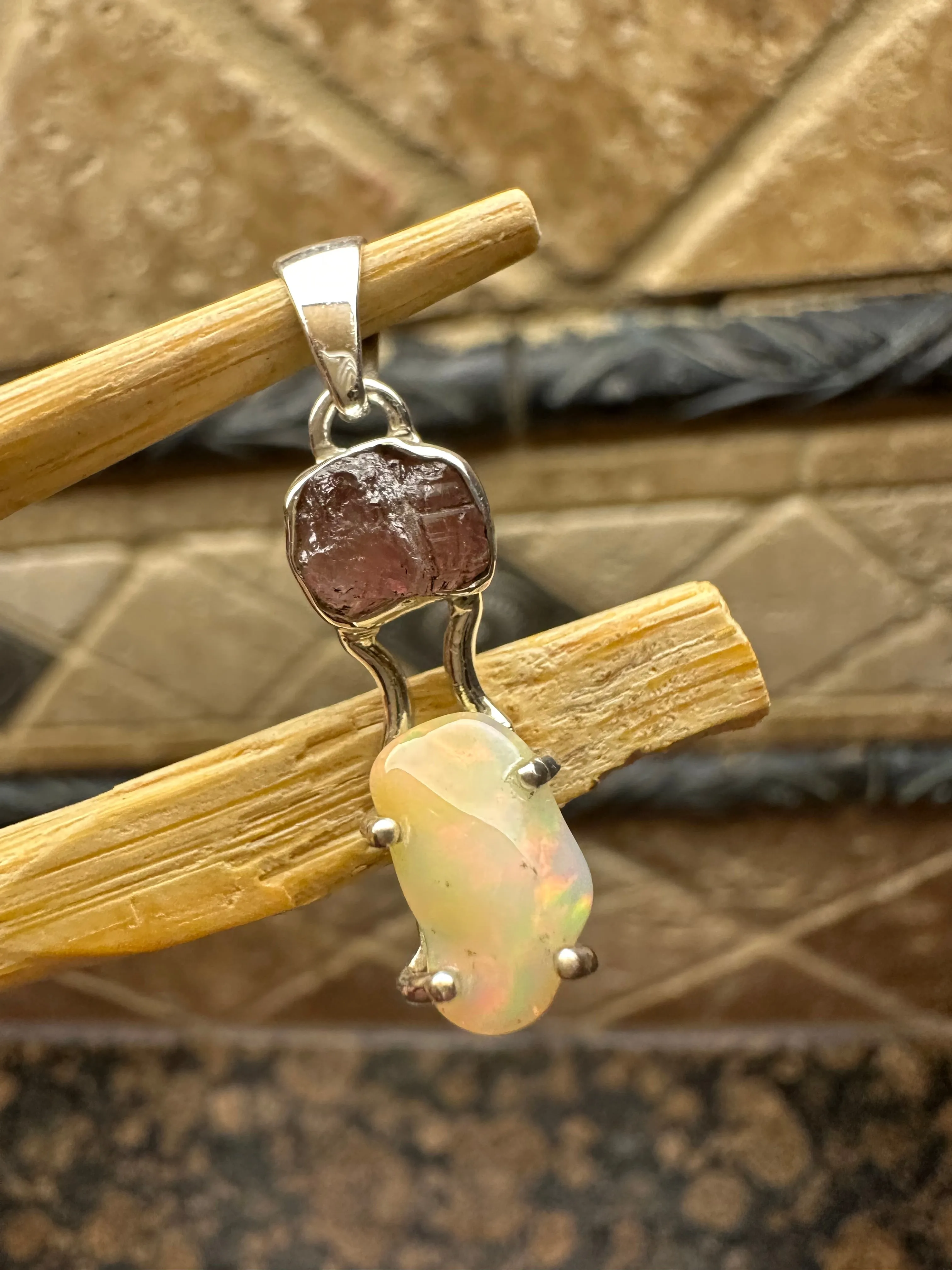 Genuine  Raw Garnet, Ethiopian Opal 925 Solid Sterling Silver Pendant 20mm