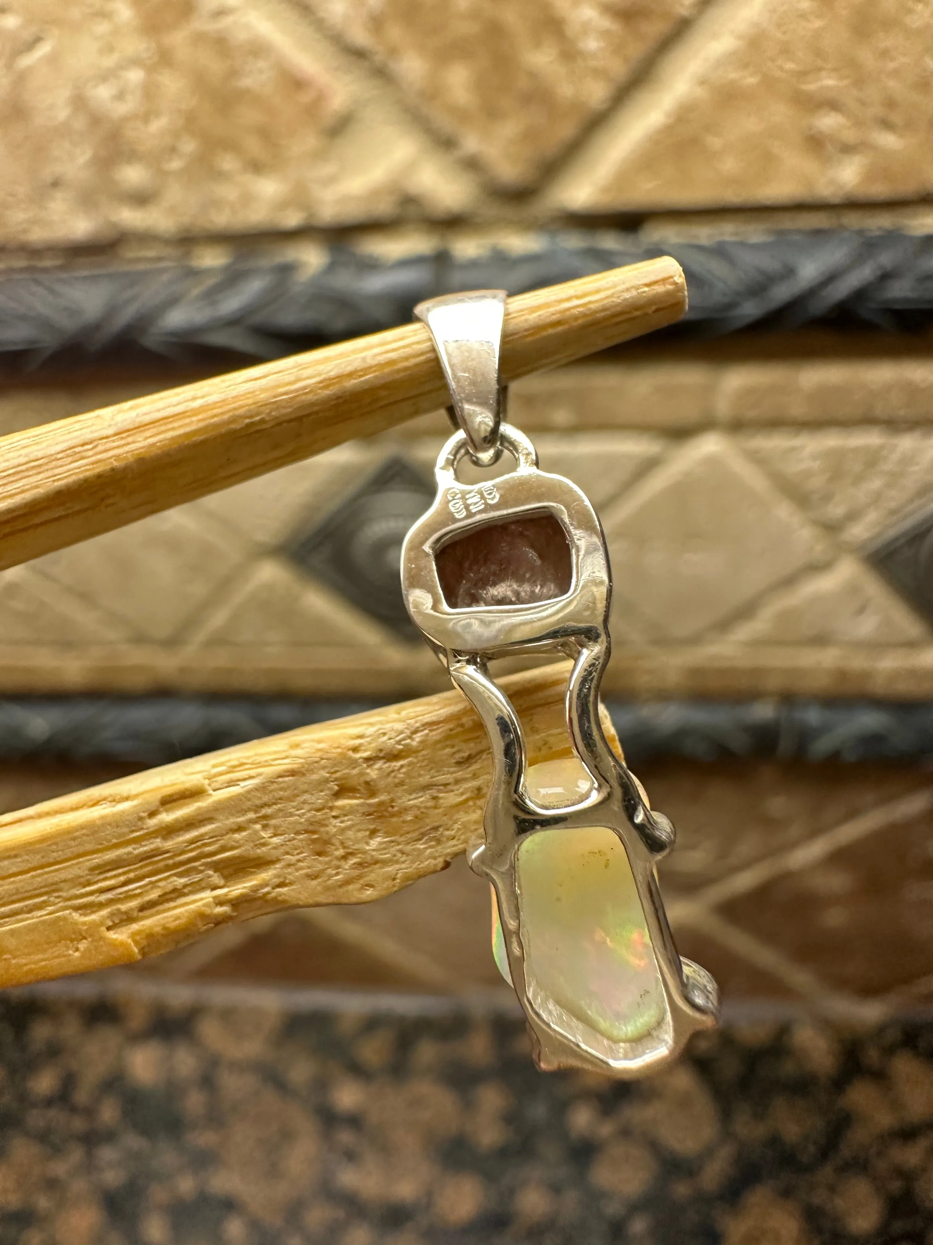 Genuine  Raw Garnet, Ethiopian Opal 925 Solid Sterling Silver Pendant 20mm