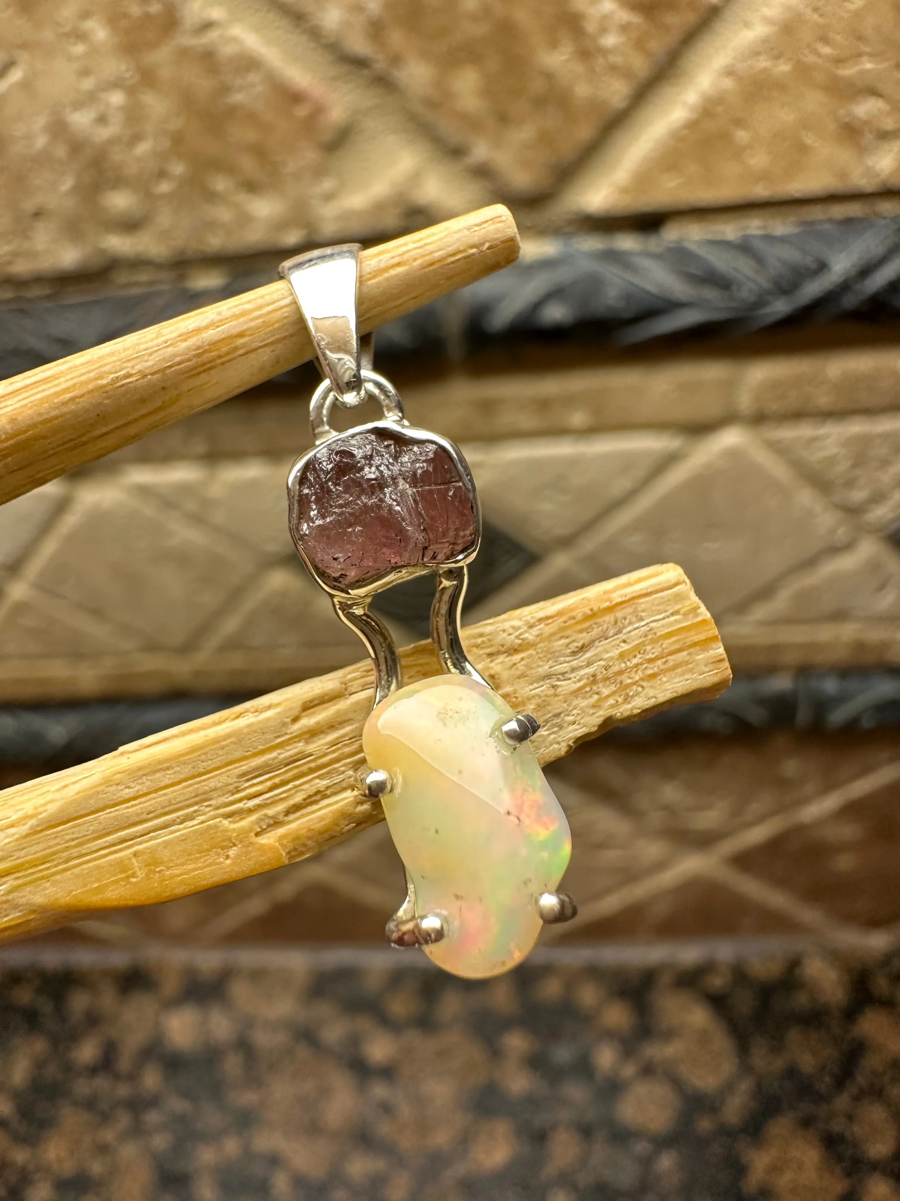 Genuine  Raw Garnet, Ethiopian Opal 925 Solid Sterling Silver Pendant 20mm