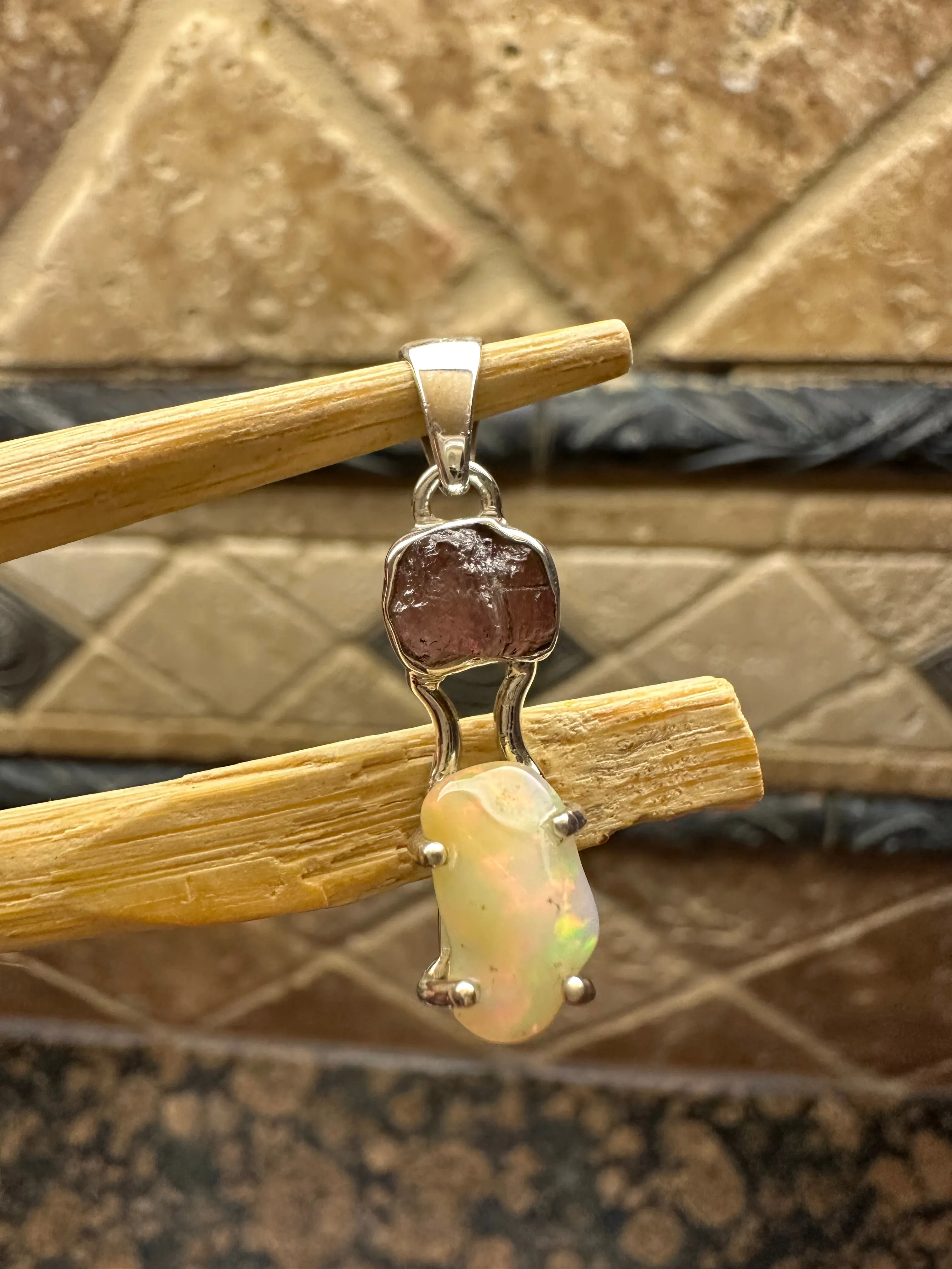 Genuine  Raw Garnet, Ethiopian Opal 925 Solid Sterling Silver Pendant 20mm