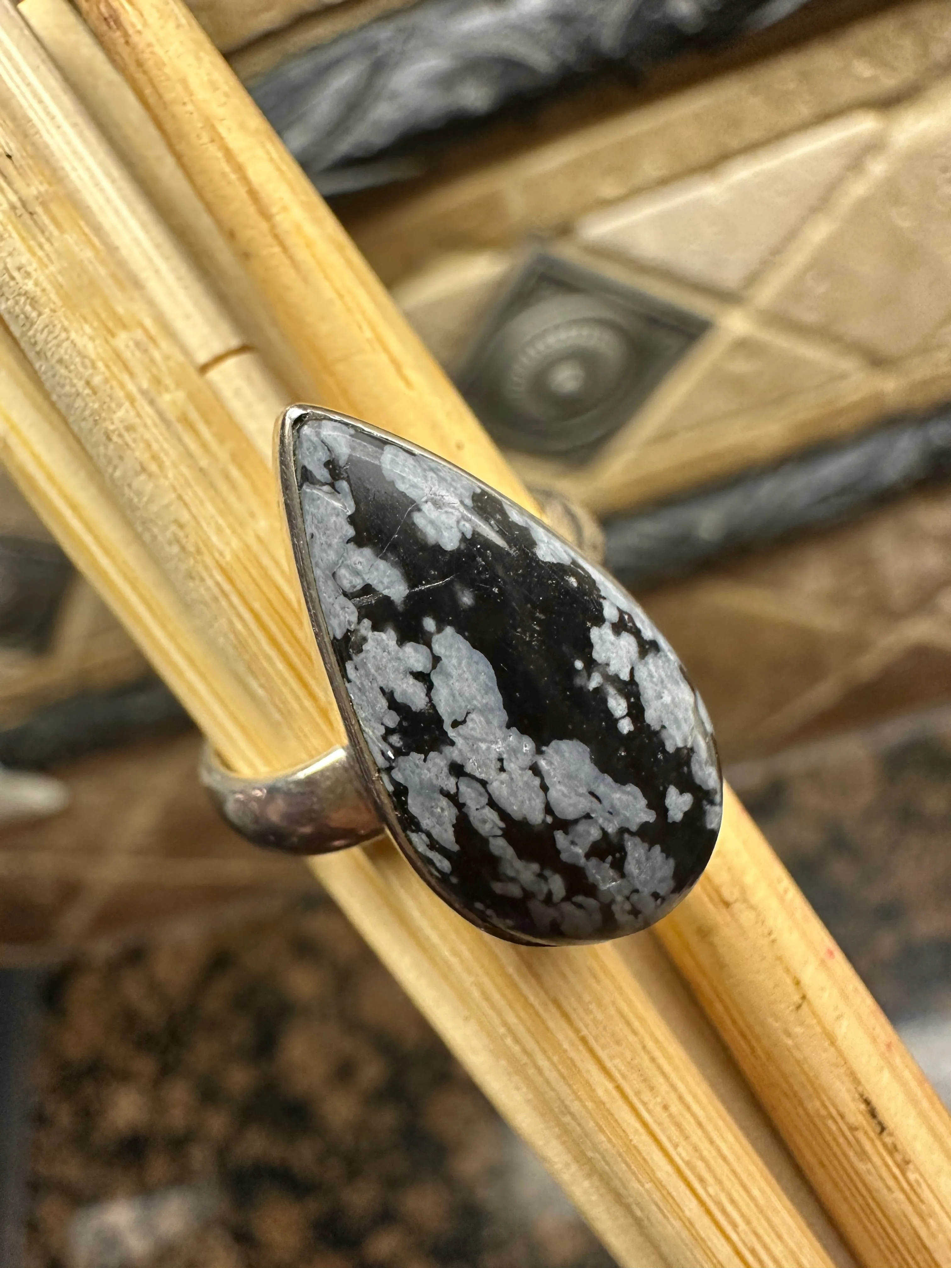Genuine Snowflake Jasper Cabochon  925 Solid Sterling Silver Ring 7.5