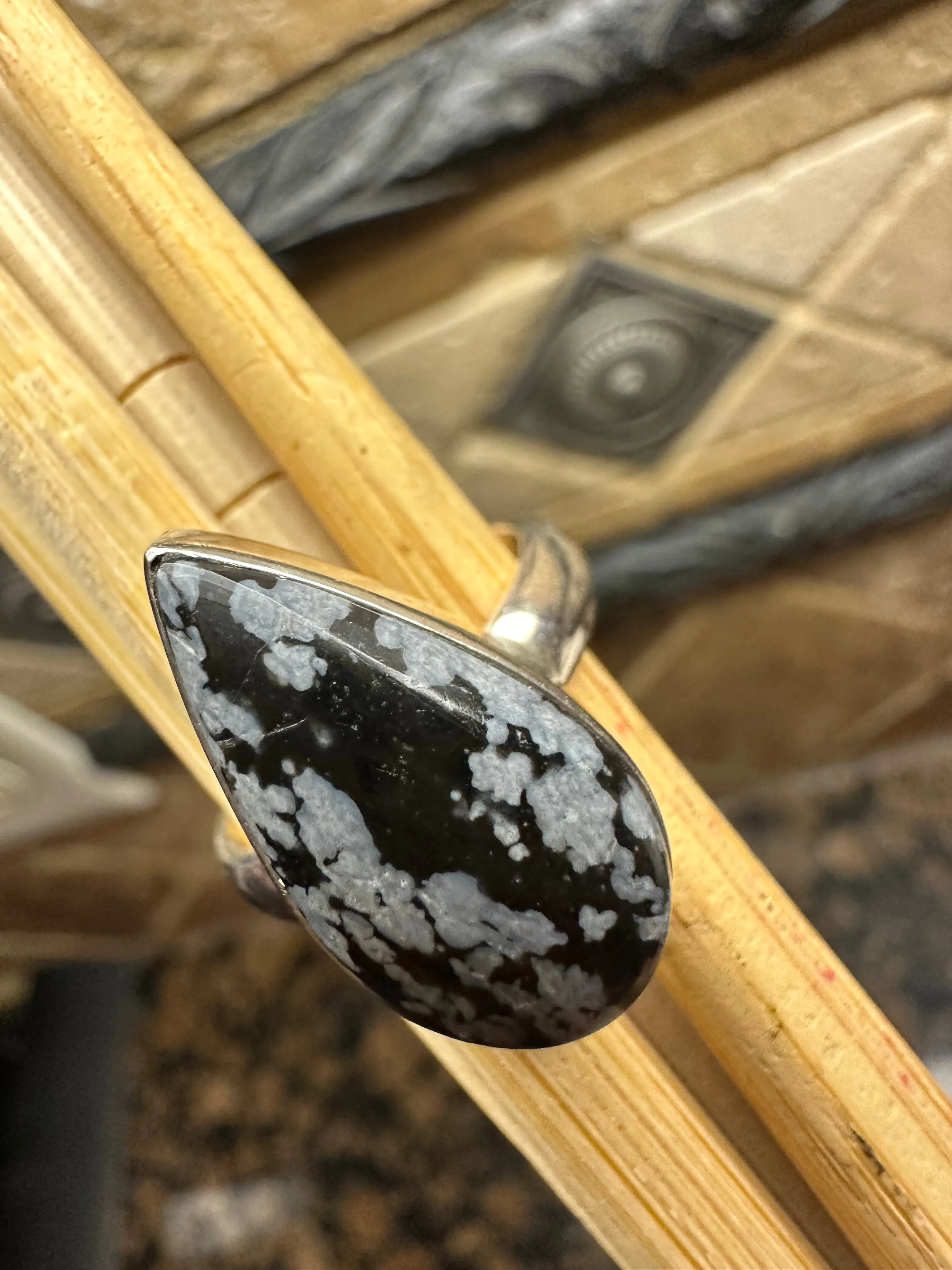 Genuine Snowflake Jasper Cabochon  925 Solid Sterling Silver Ring 7.5