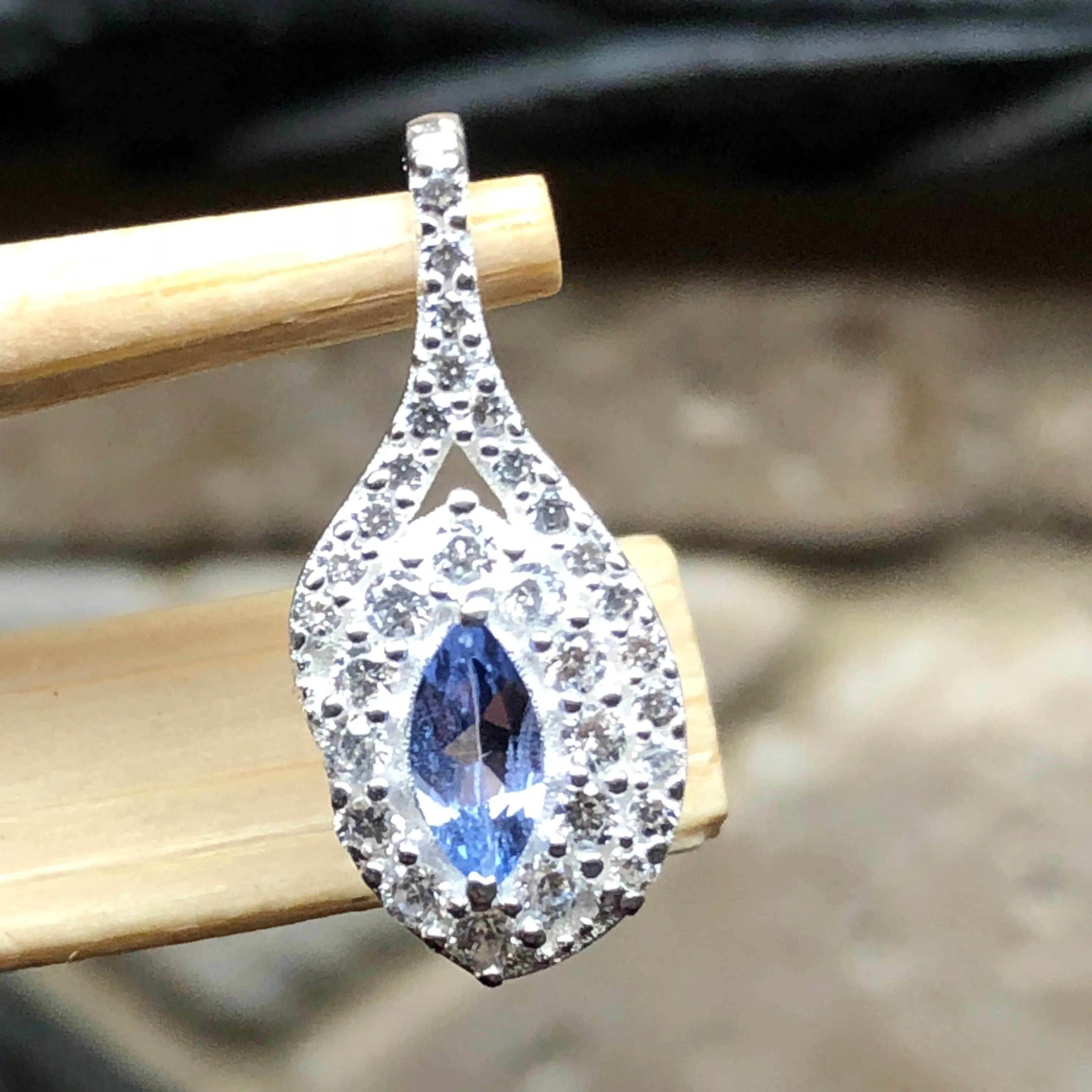 Genuine Tanzanite, White Sapphire 925 Solid Sterling Silver Pendant 18mm