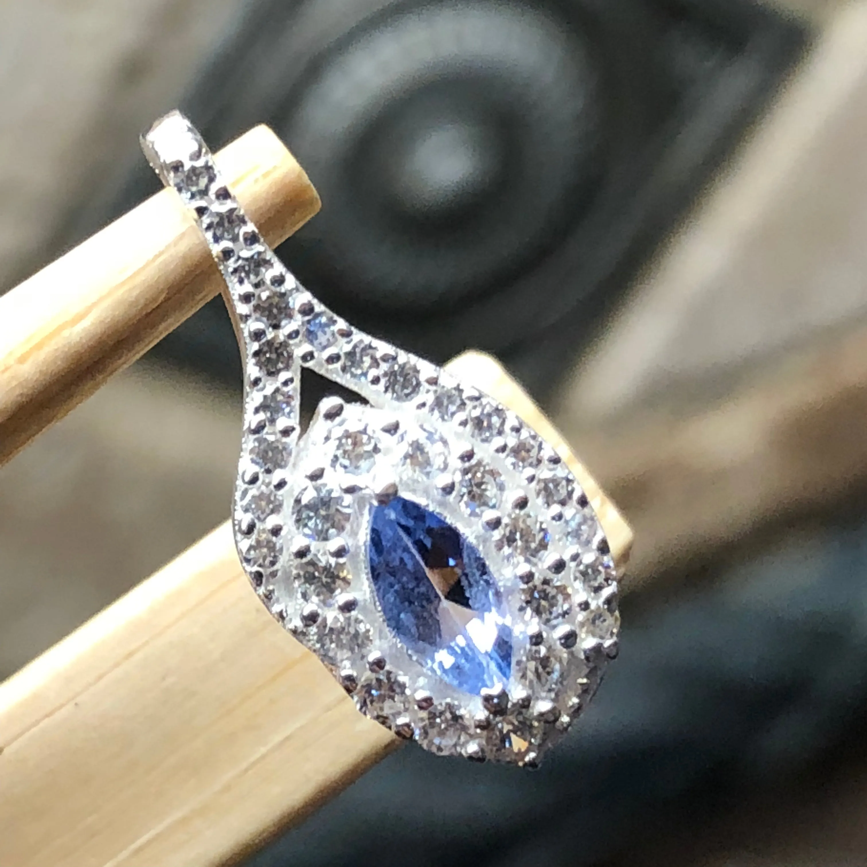 Genuine Tanzanite, White Sapphire 925 Solid Sterling Silver Pendant 18mm
