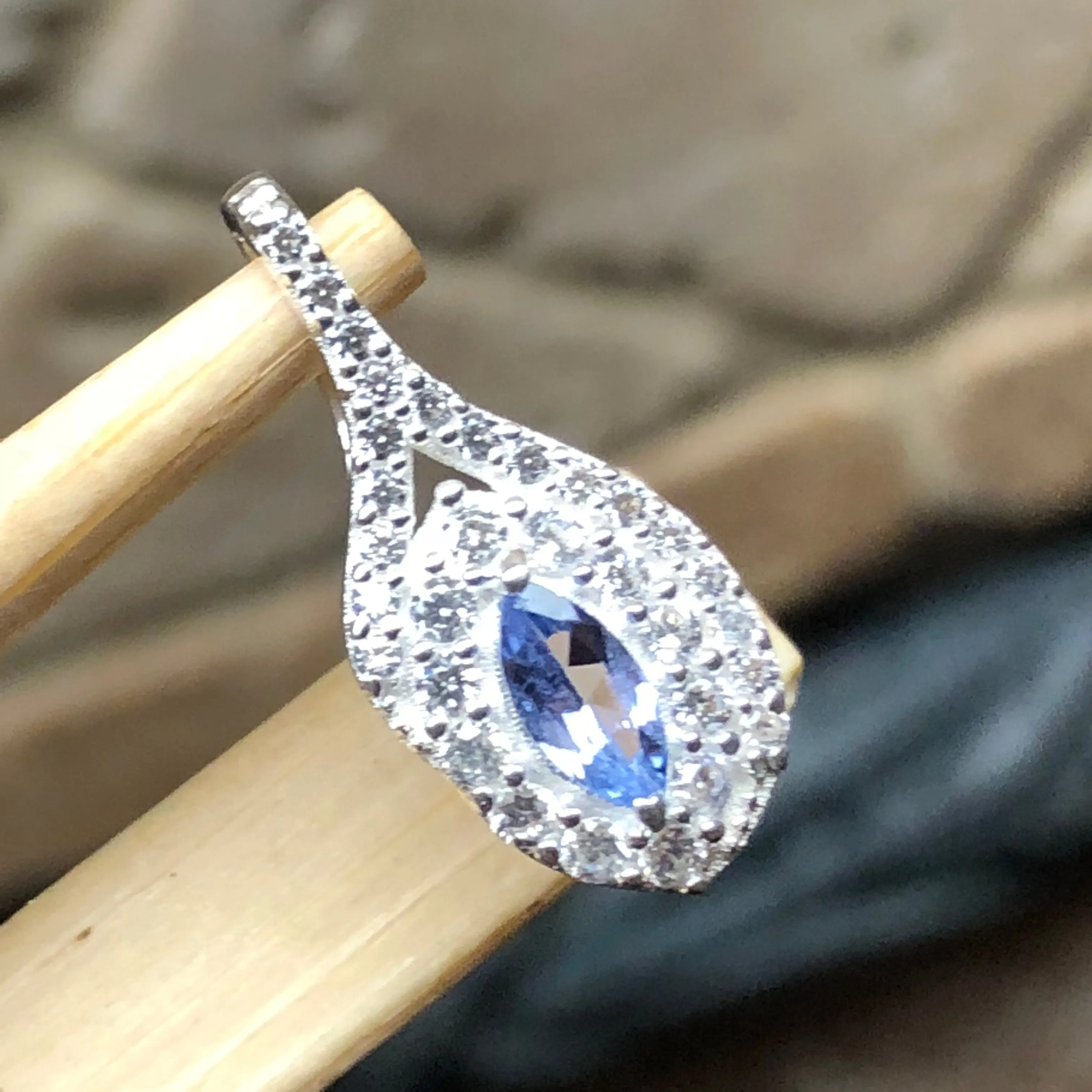 Genuine Tanzanite, White Sapphire 925 Solid Sterling Silver Pendant 18mm