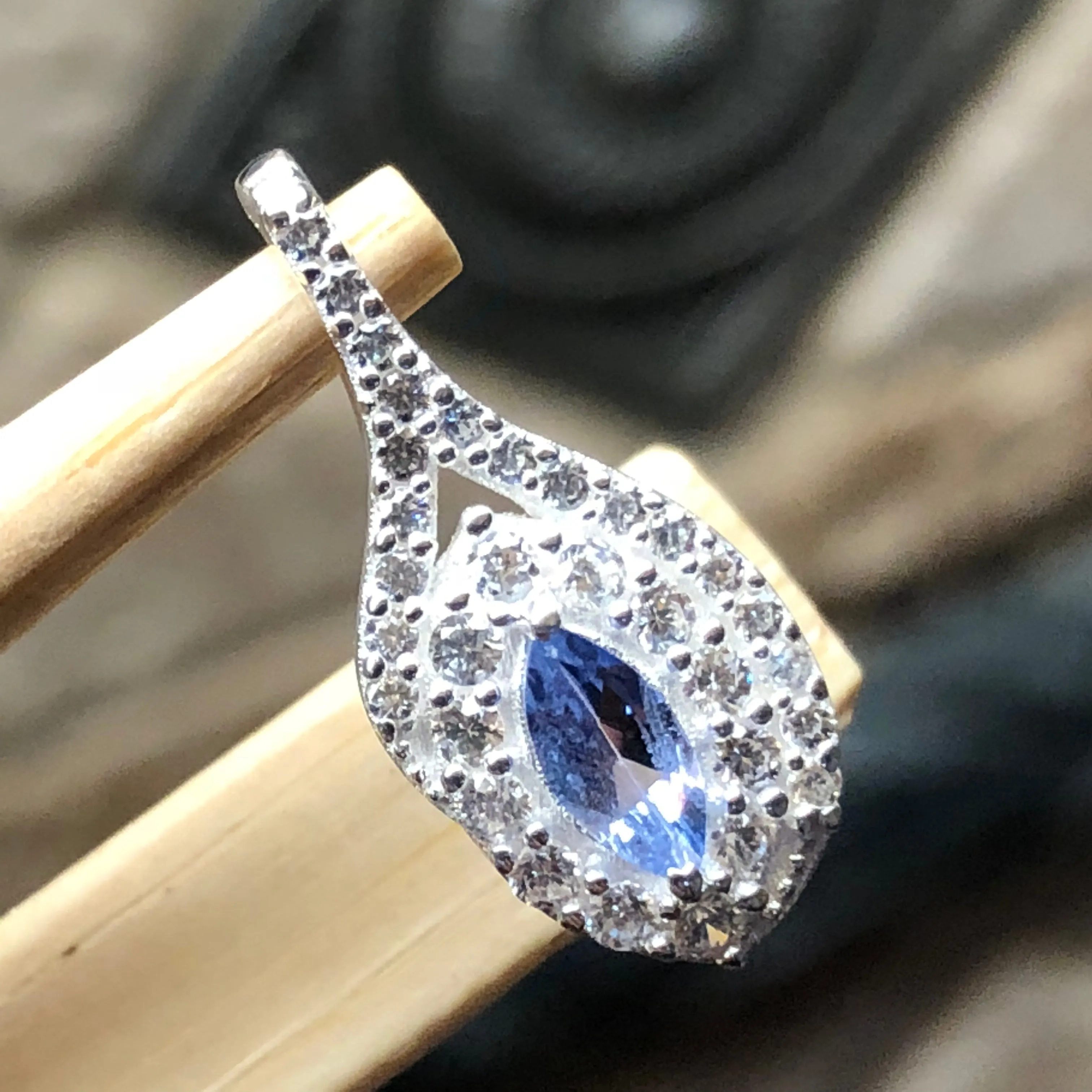 Genuine Tanzanite, White Sapphire 925 Solid Sterling Silver Pendant 18mm