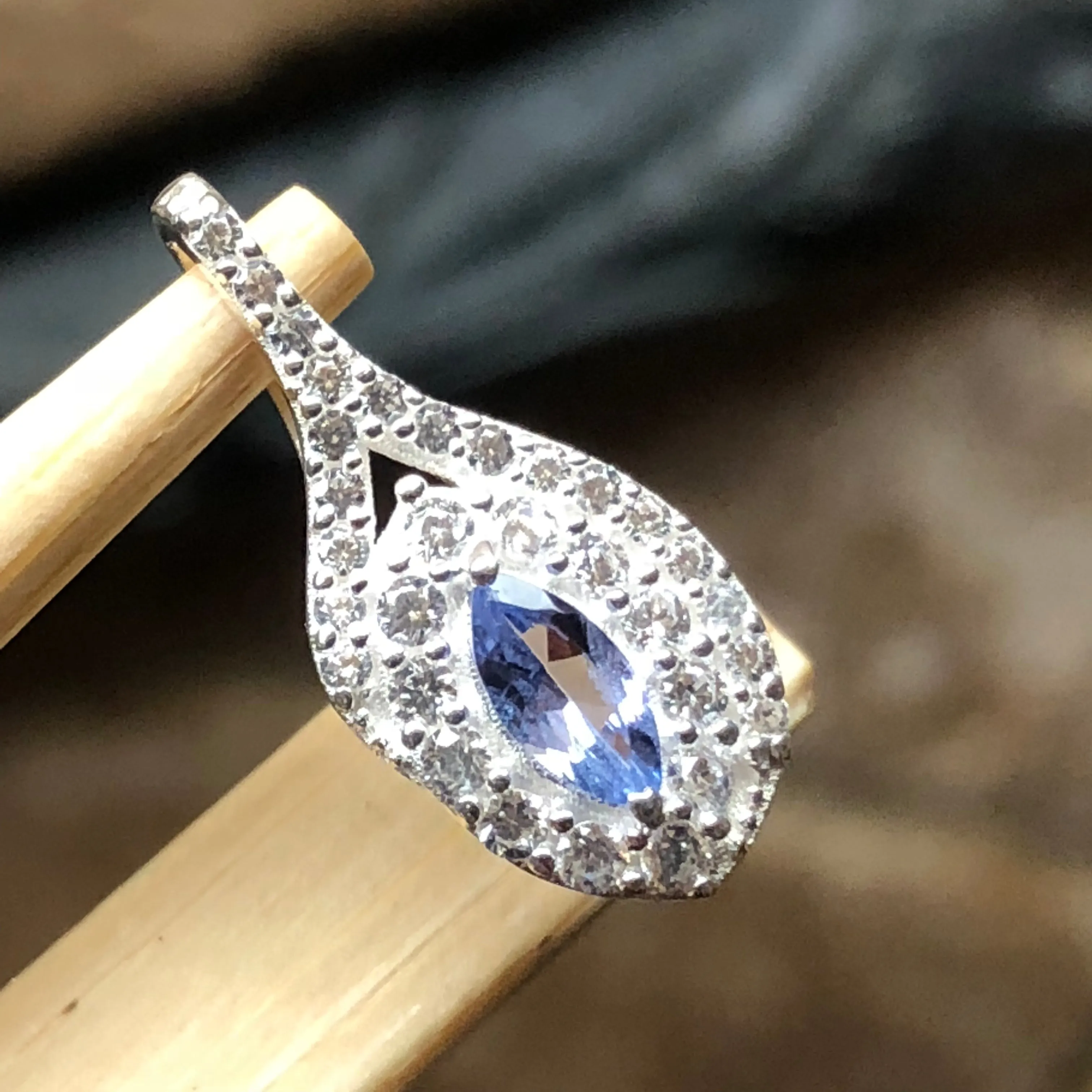 Genuine Tanzanite, White Sapphire 925 Solid Sterling Silver Pendant 18mm