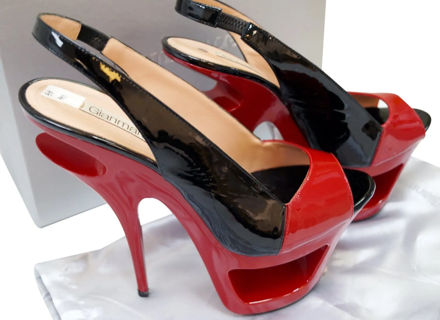 GIANMARCO LORENZI Open Toe Red/Black Patent Leater Cutout Platform Size 38
