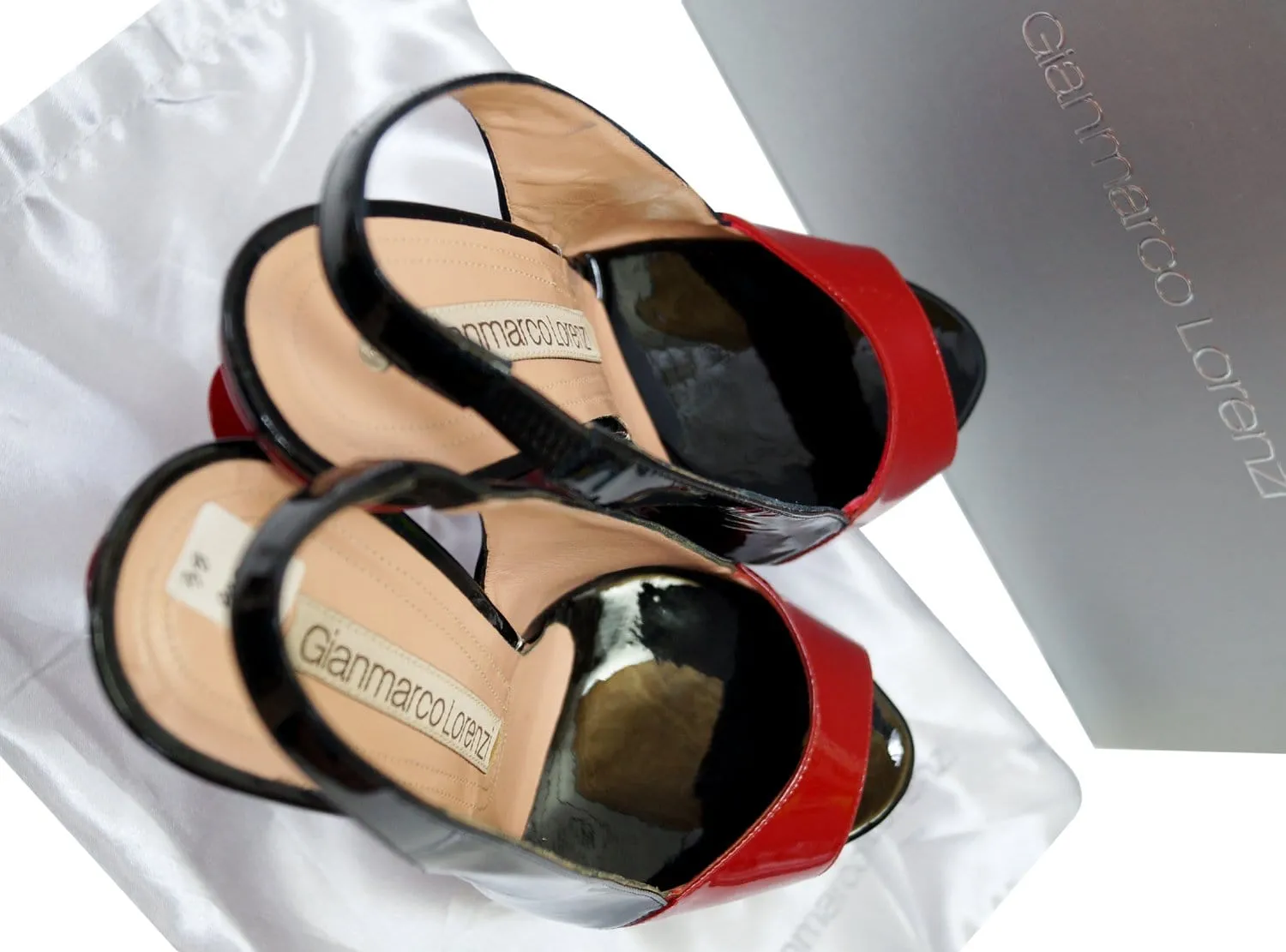 GIANMARCO LORENZI Open Toe Red/Black Patent Leater Cutout Platform Size 38