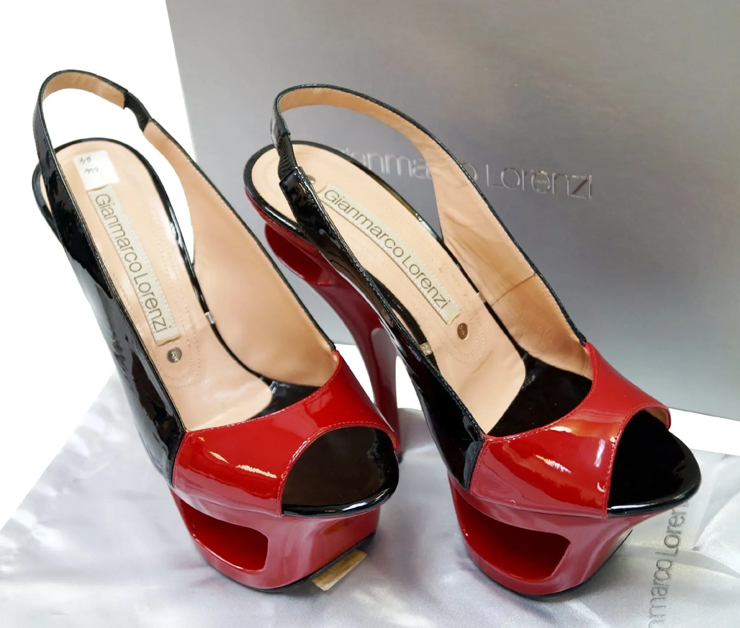 GIANMARCO LORENZI Open Toe Red/Black Patent Leater Cutout Platform Size 38