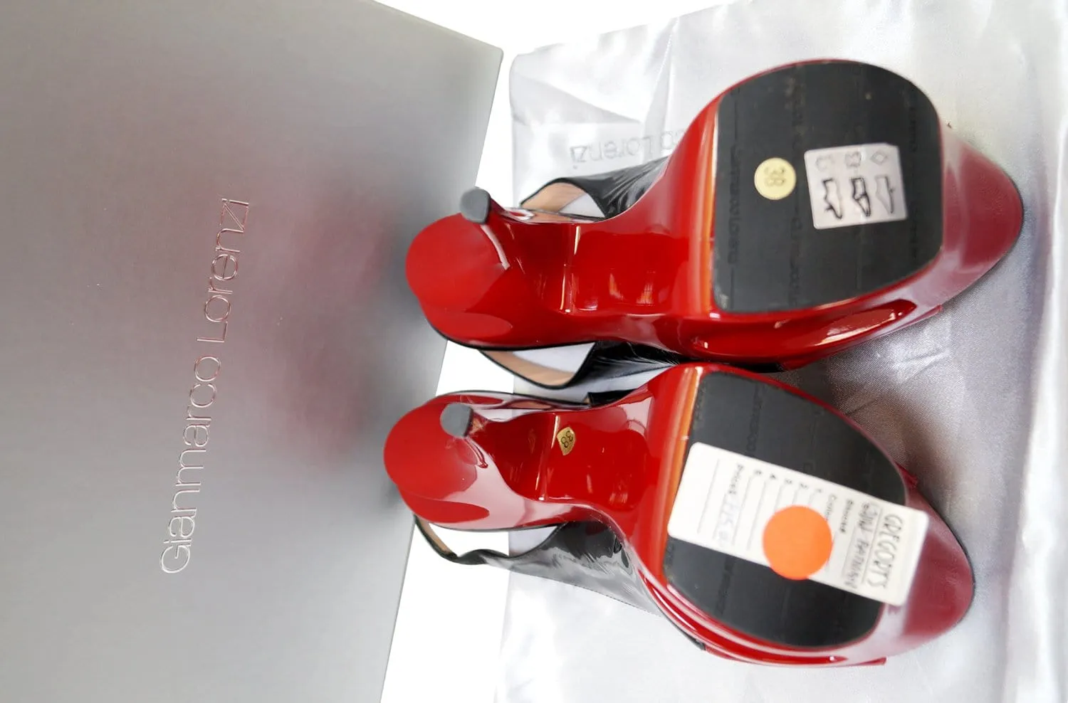 GIANMARCO LORENZI Open Toe Red/Black Patent Leater Cutout Platform Size 38