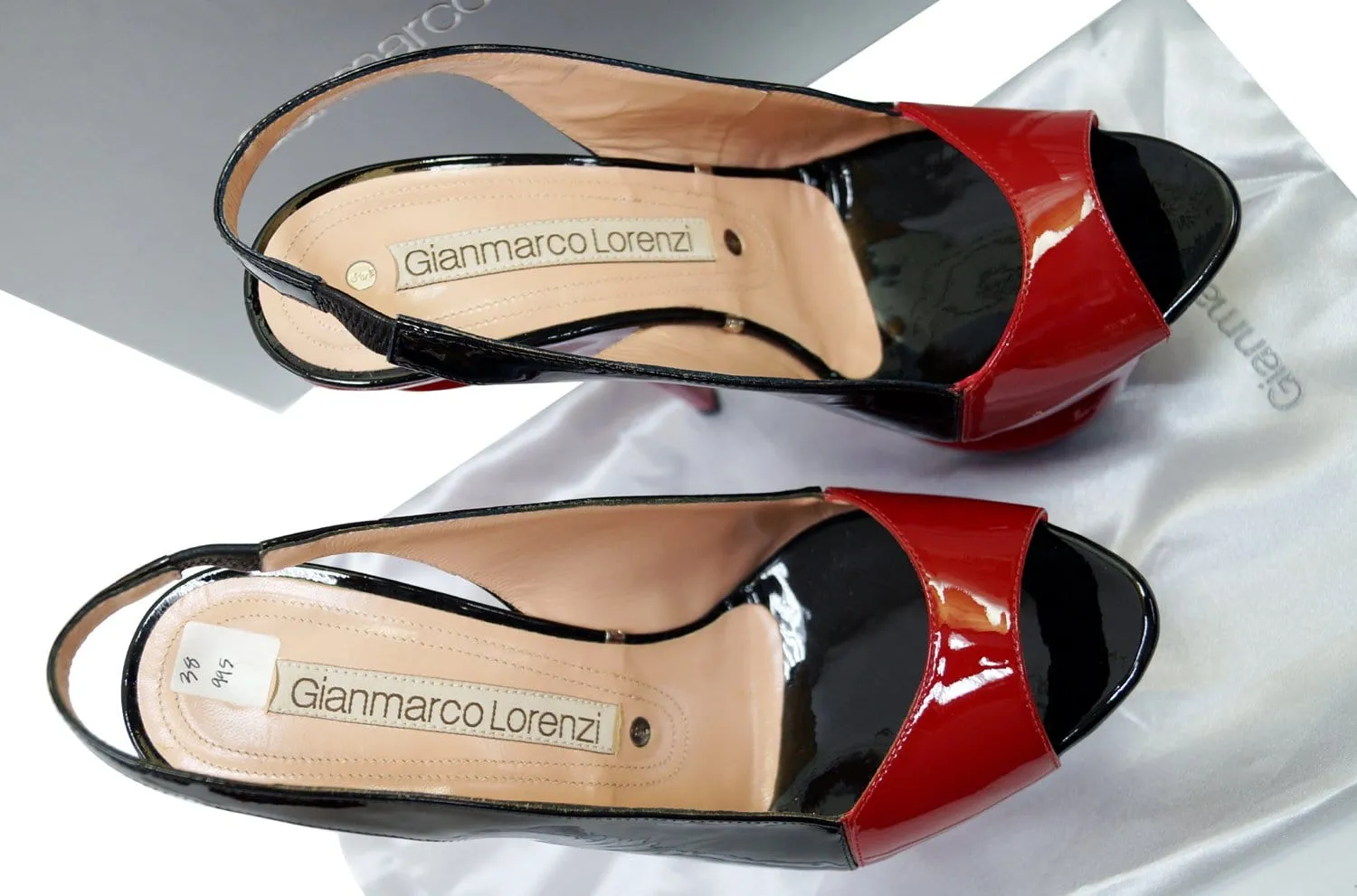 GIANMARCO LORENZI Open Toe Red/Black Patent Leater Cutout Platform Size 38