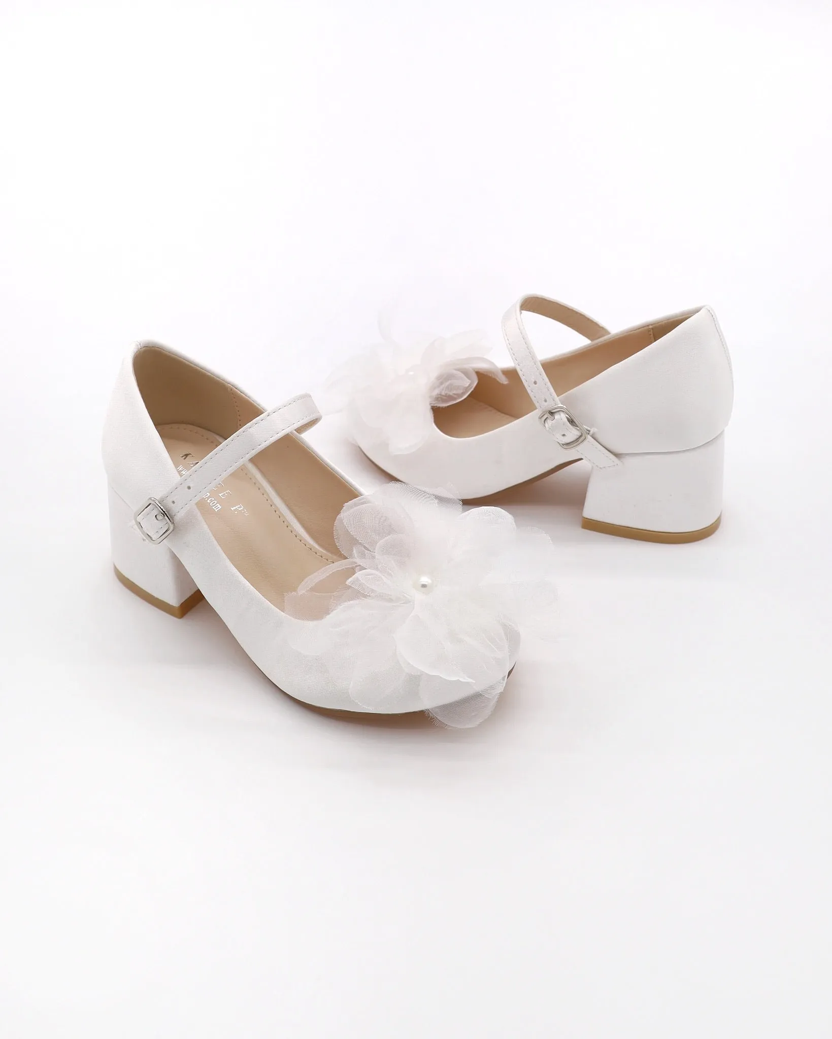 Girls Satin Mary Jane Block Heel with Ophelia Flowers